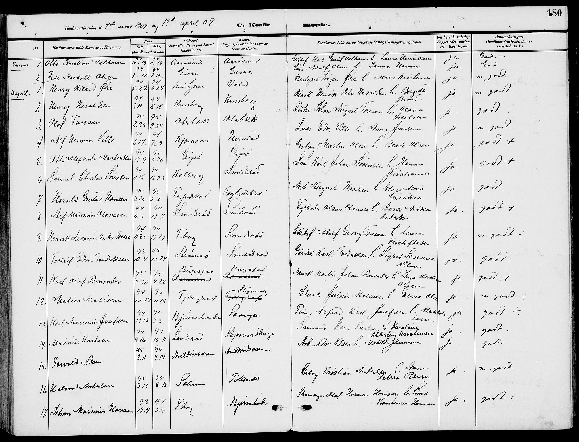 Nøtterøy kirkebøker, AV/SAKO-A-354/F/Fa/L0010: Ministerialbok nr. I 10, 1908-1919, s. 180