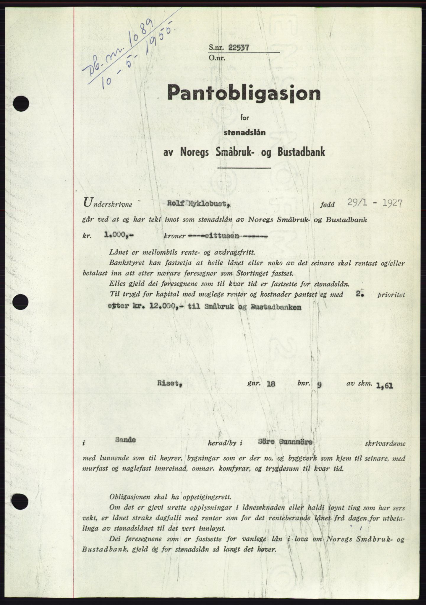 Søre Sunnmøre sorenskriveri, AV/SAT-A-4122/1/2/2C/L0126: Pantebok nr. 14B, 1954-1955, Dagboknr: 1089/1955