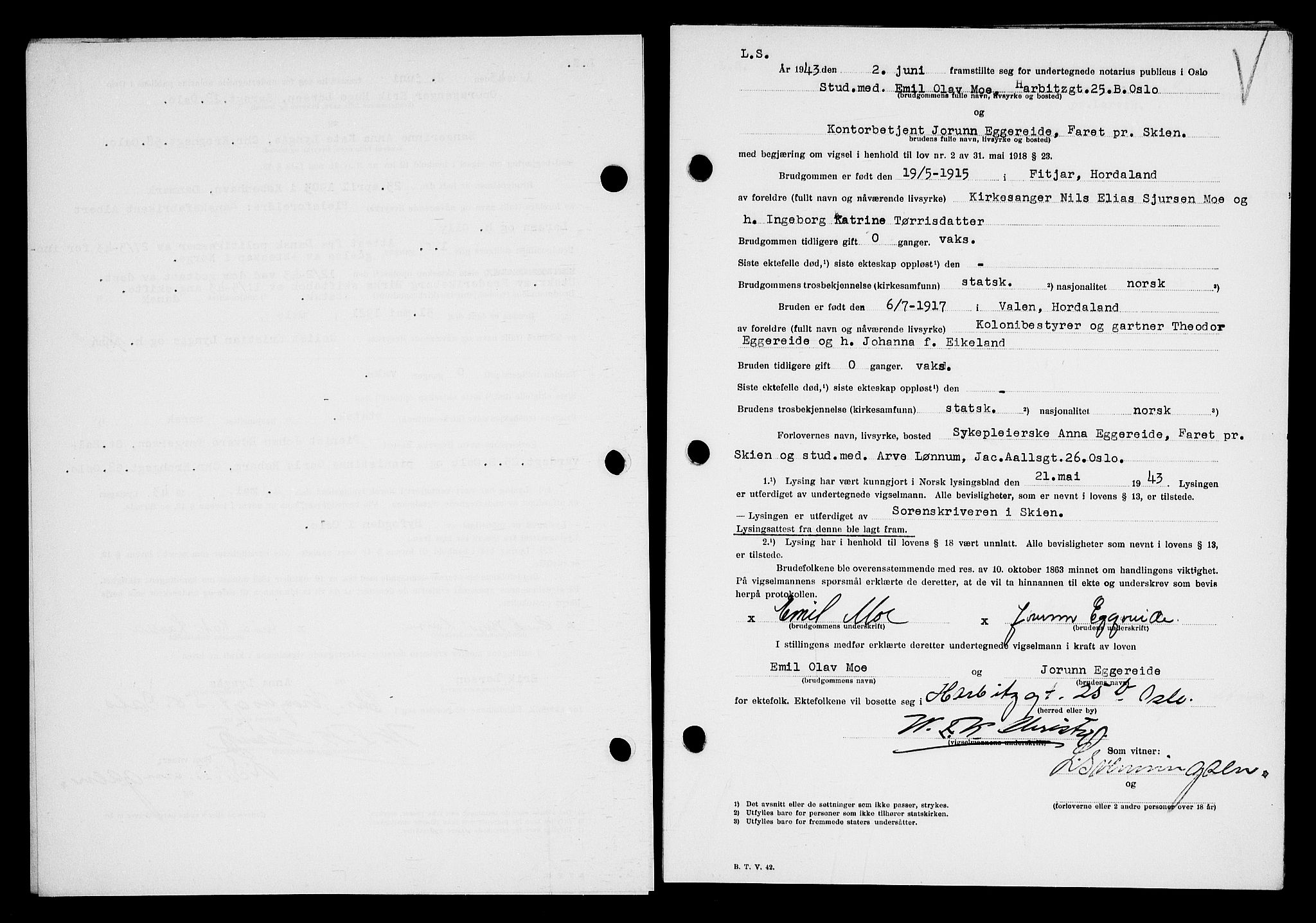 Oslo byfogd avd. I, AV/SAO-A-10220/L/Lb/Lbb/L0045: Notarialprotokoll, rekke II: Vigsler, 1943