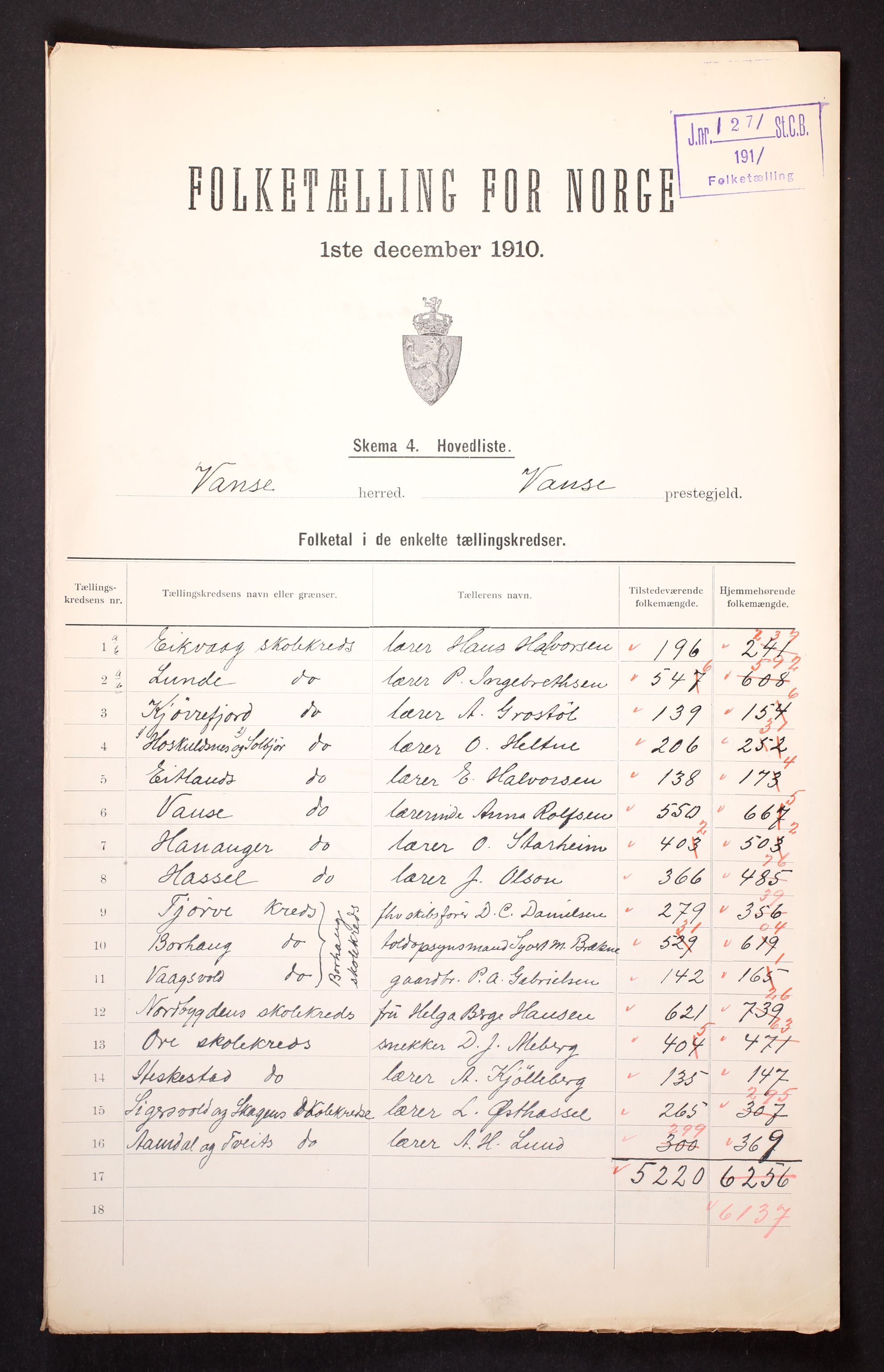 RA, Folketelling 1910 for 1041 Vanse herred, 1910, s. 2