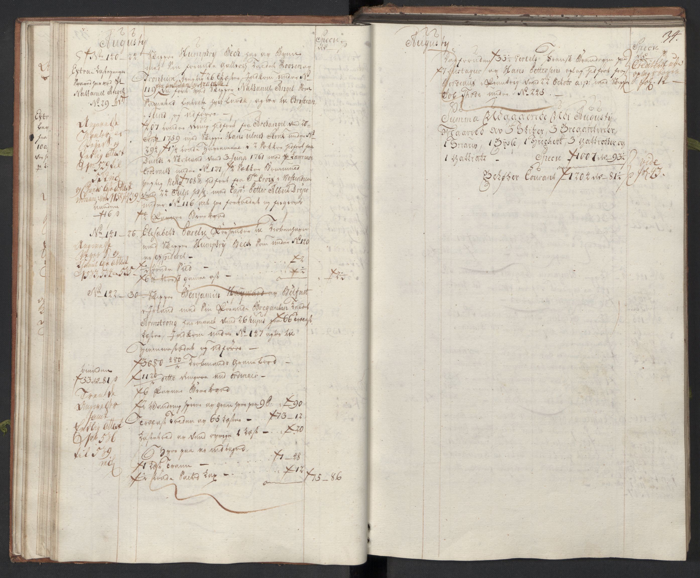 Generaltollkammeret, tollregnskaper, AV/RA-EA-5490/R33/L0075/0001: Tollregnskaper Trondheim A / Utgående hovedtollbok, 1762, s. 33b-34a