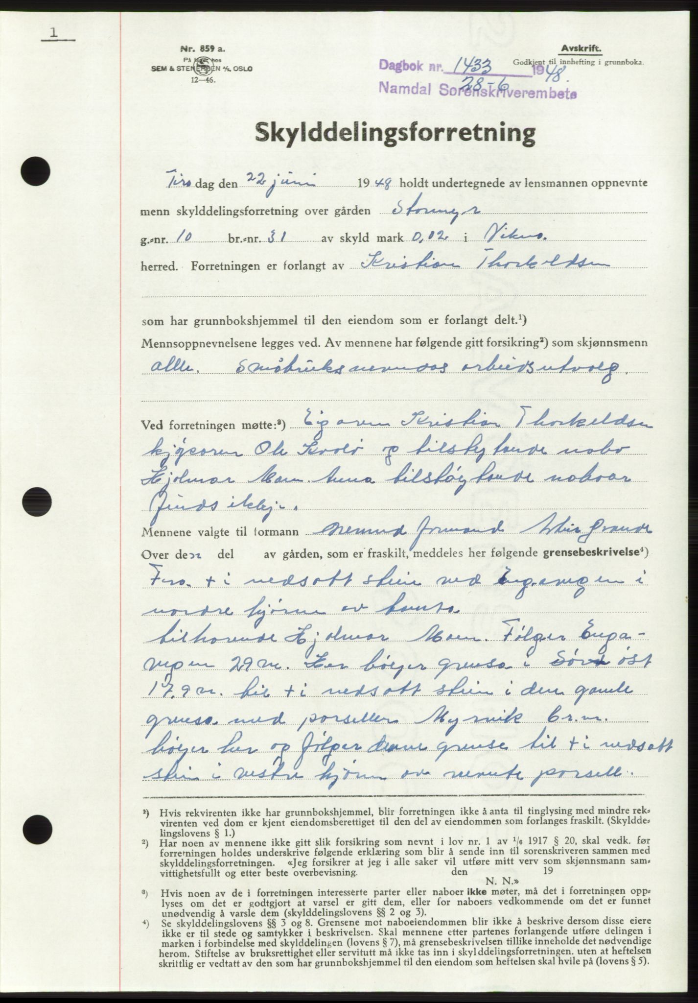 Namdal sorenskriveri, SAT/A-4133/1/2/2C: Pantebok nr. -, 1948-1948, Dagboknr: 1433/1948