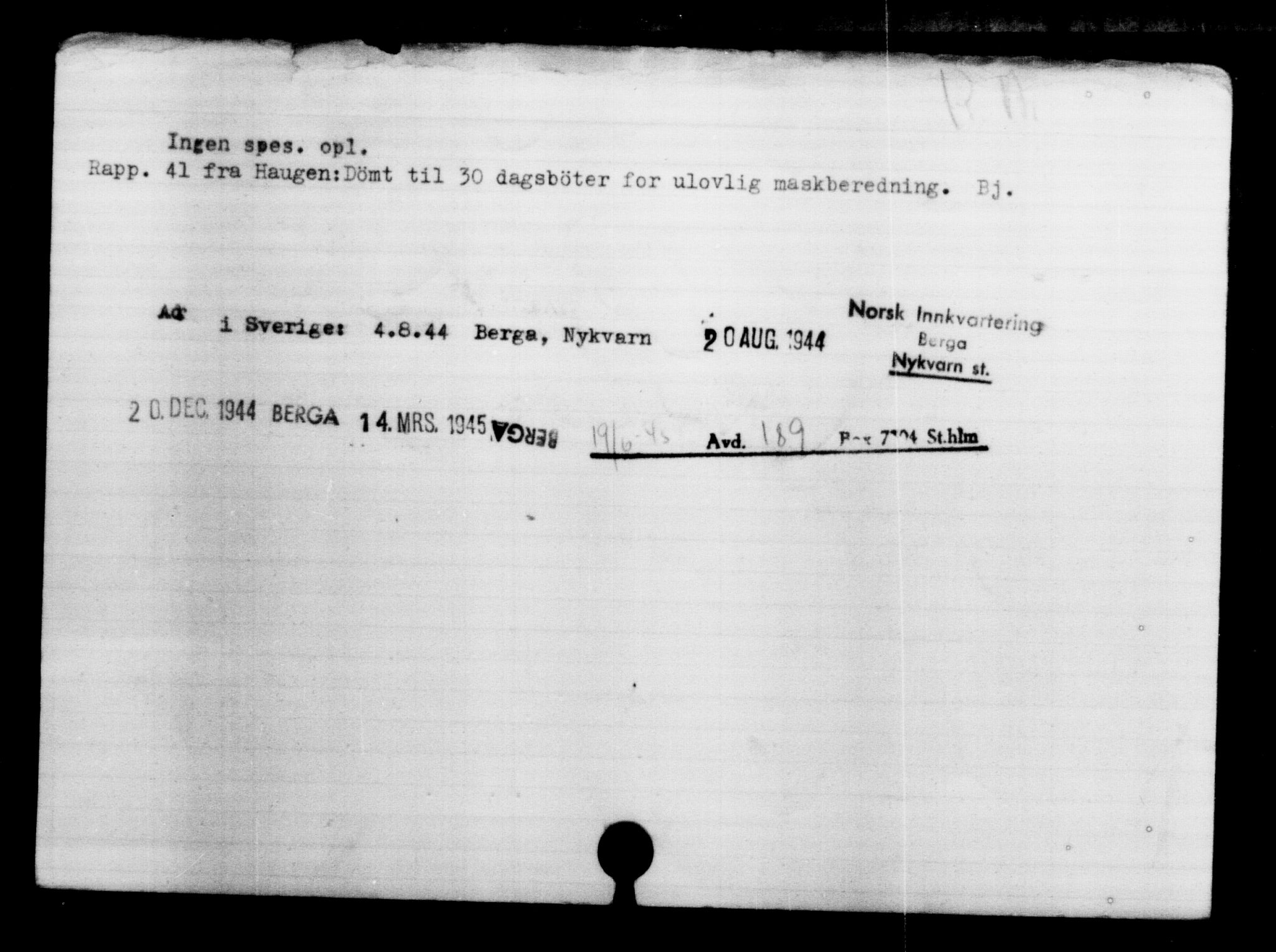 Utenriksstasjonene, Legasjonen i Stockholm, Flyktningkontoret, AV/RA-S-6753/V/Va/L0004: Kjesäterkartoteket, flyktninger med registreringsnr. 3496-6610, 1940-1945, s. 467