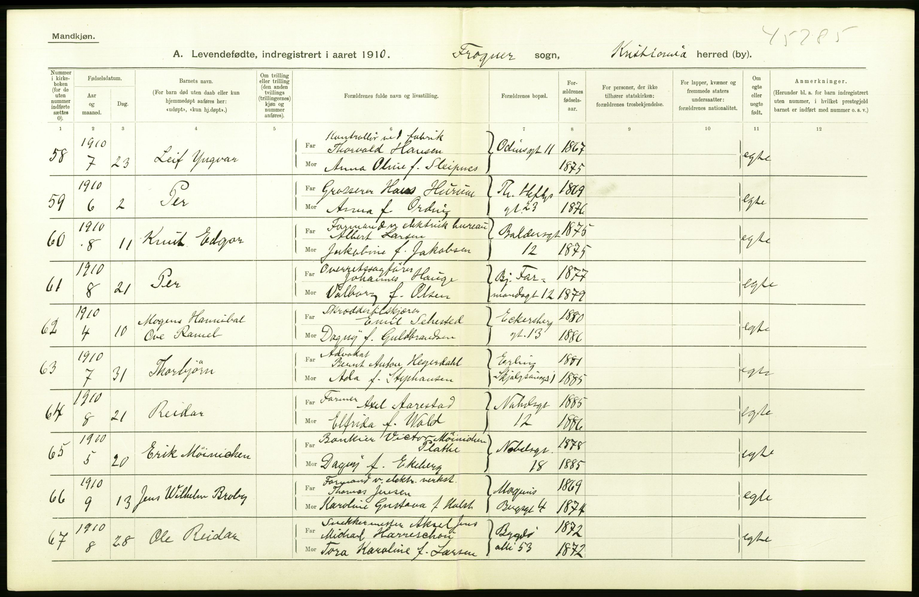 Statistisk sentralbyrå, Sosiodemografiske emner, Befolkning, AV/RA-S-2228/D/Df/Dfa/Dfah/L0006: Kristiania: Levendefødte menn., 1910, s. 592