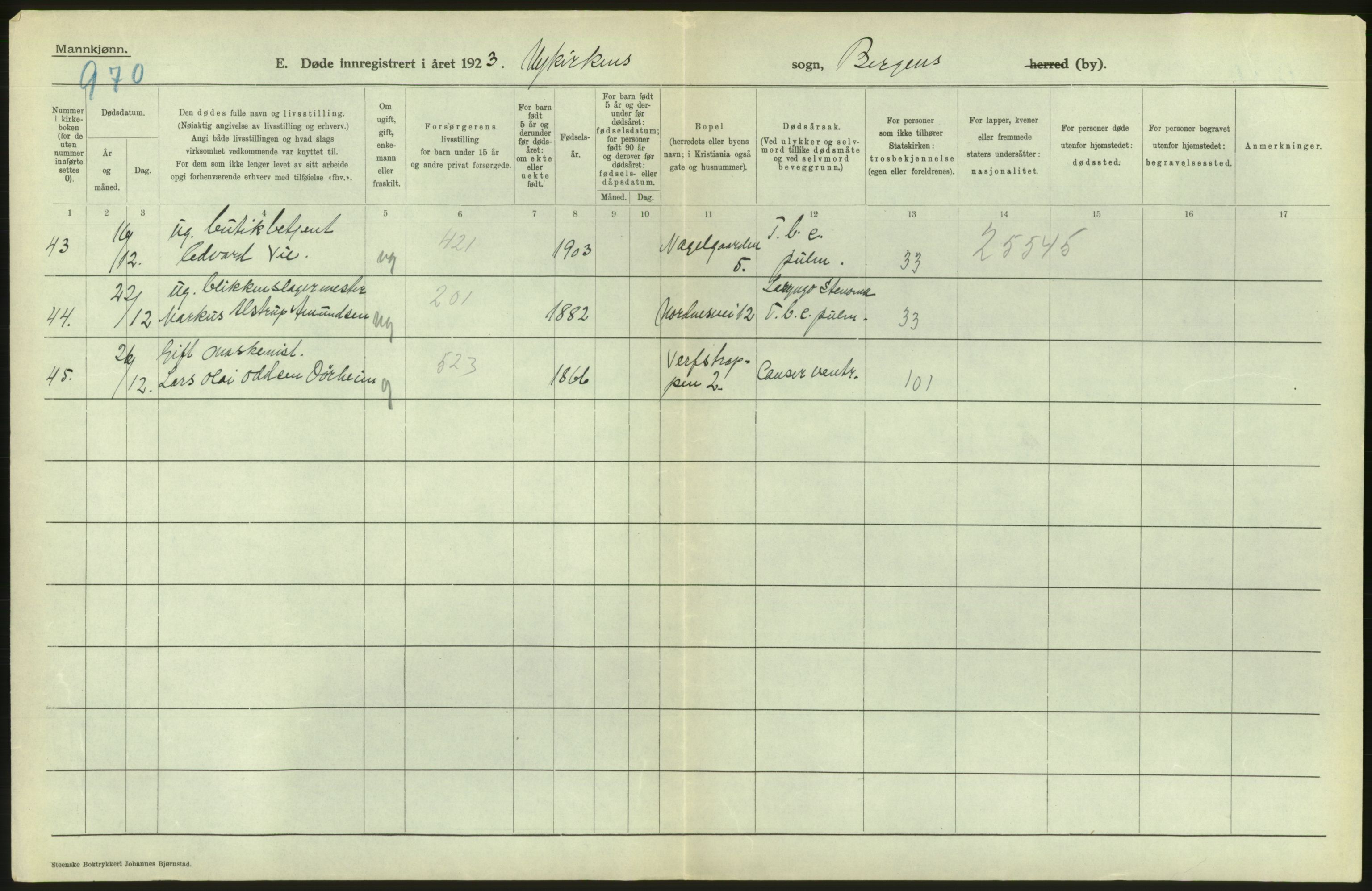 Statistisk sentralbyrå, Sosiodemografiske emner, Befolkning, RA/S-2228/D/Df/Dfc/Dfcc/L0029: Bergen: Gifte, døde, dødfødte., 1923, s. 308