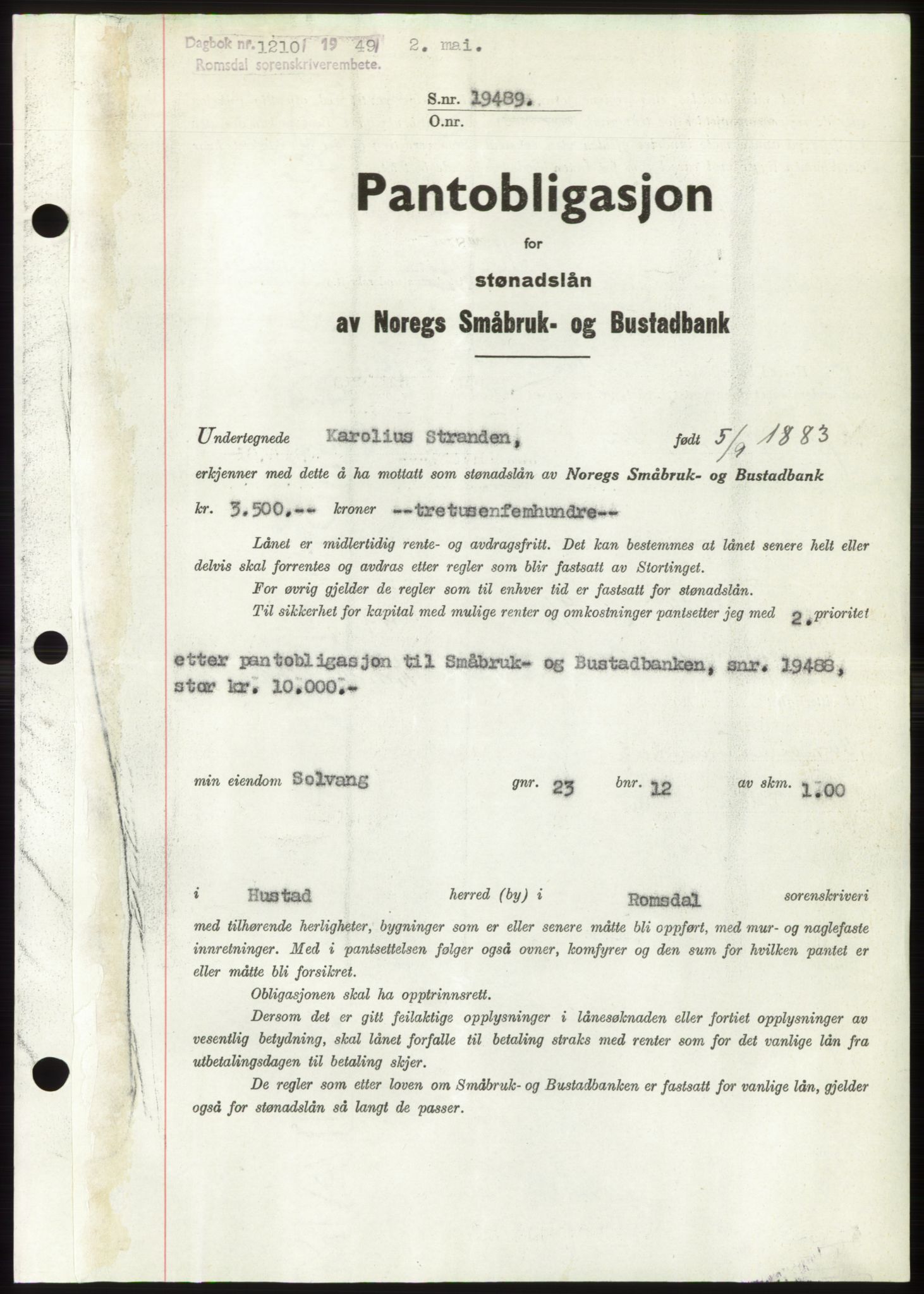 Romsdal sorenskriveri, SAT/A-4149/1/2/2C: Pantebok nr. B4, 1948-1949, Dagboknr: 1210/1949