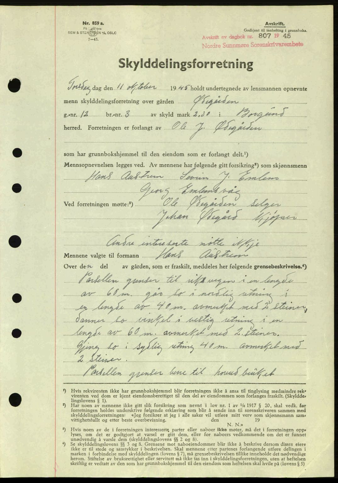 Nordre Sunnmøre sorenskriveri, AV/SAT-A-0006/1/2/2C/2Ca: Pantebok nr. A20a, 1945-1945, Dagboknr: 807/1945