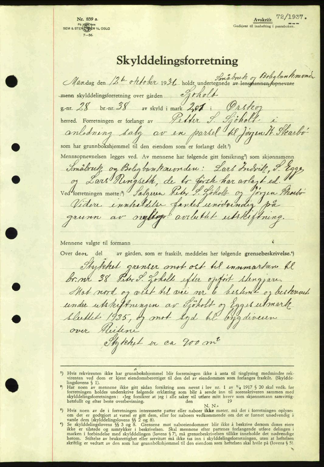 Nordre Sunnmøre sorenskriveri, AV/SAT-A-0006/1/2/2C/2Ca: Pantebok nr. A2, 1936-1937, Dagboknr: 72/1937