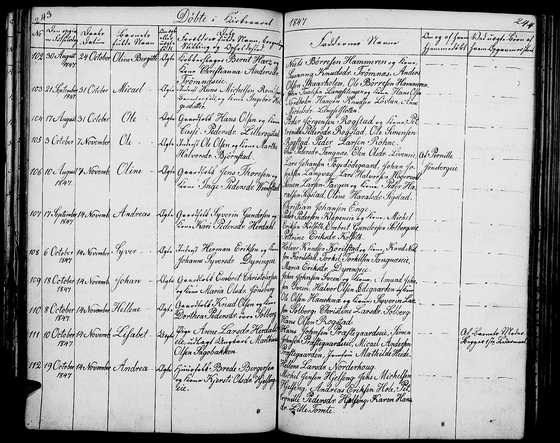 Løten prestekontor, AV/SAH-PREST-022/L/La/L0002: Klokkerbok nr. 2, 1832-1850, s. 243-244