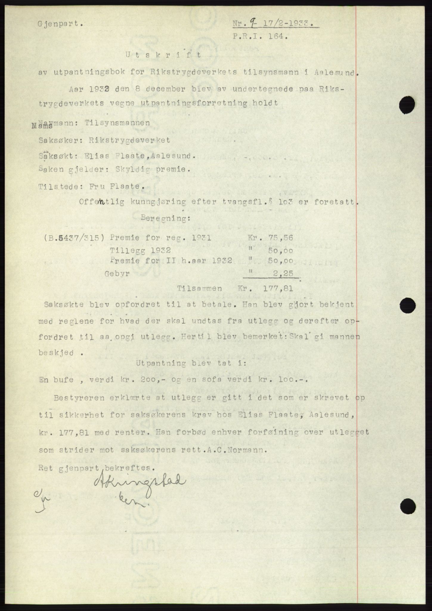 Ålesund byfogd, AV/SAT-A-4384: Pantebok nr. 30, 1932-1933, Tingl.dato: 17.02.1933