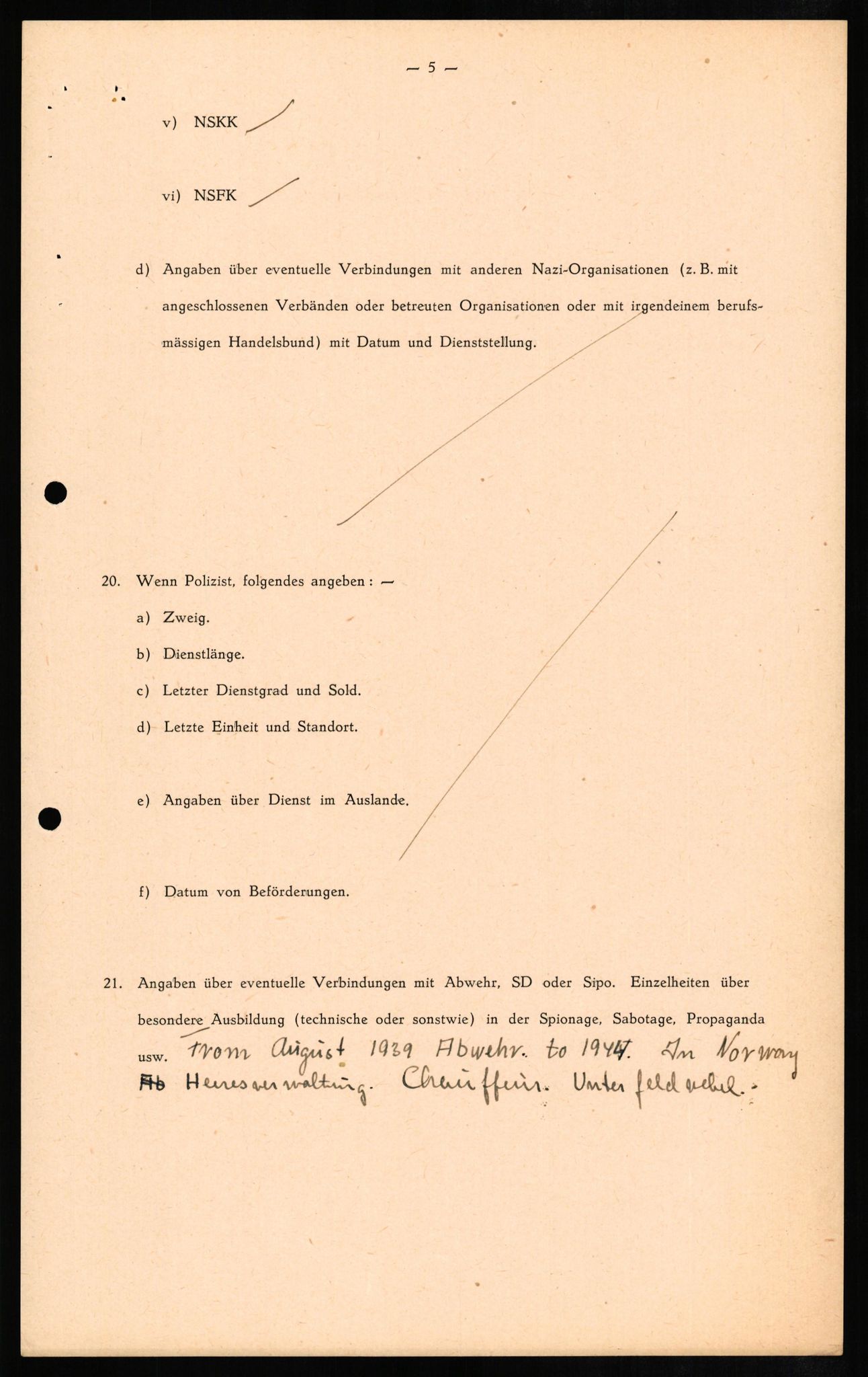 Forsvaret, Forsvarets overkommando II, RA/RAFA-3915/D/Db/L0010: CI Questionaires. Tyske okkupasjonsstyrker i Norge. Tyskere., 1945-1946, s. 109