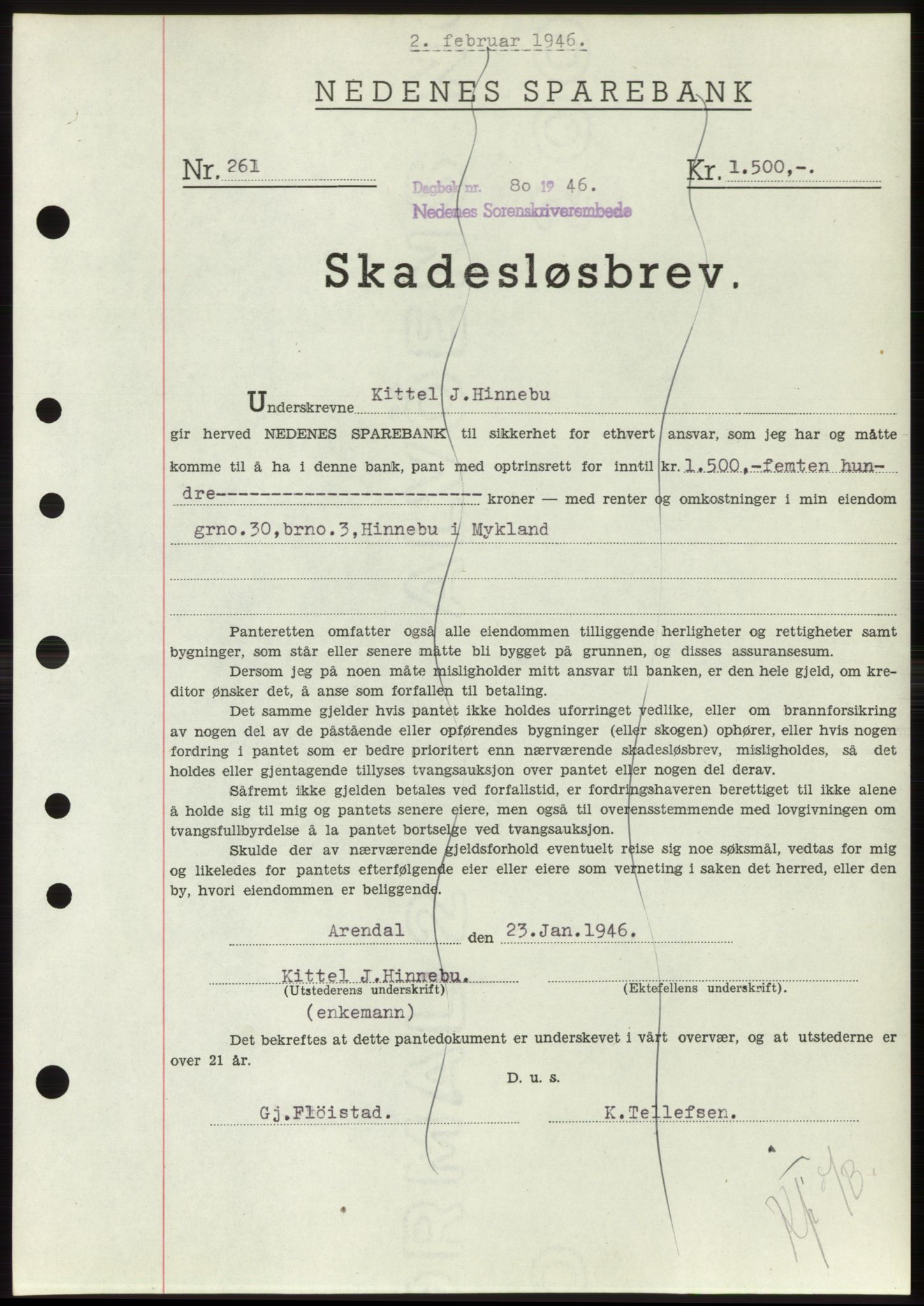 Nedenes sorenskriveri, SAK/1221-0006/G/Gb/Gbb/L0003: Pantebok nr. B3b, 1946-1946, Dagboknr: 80/1946