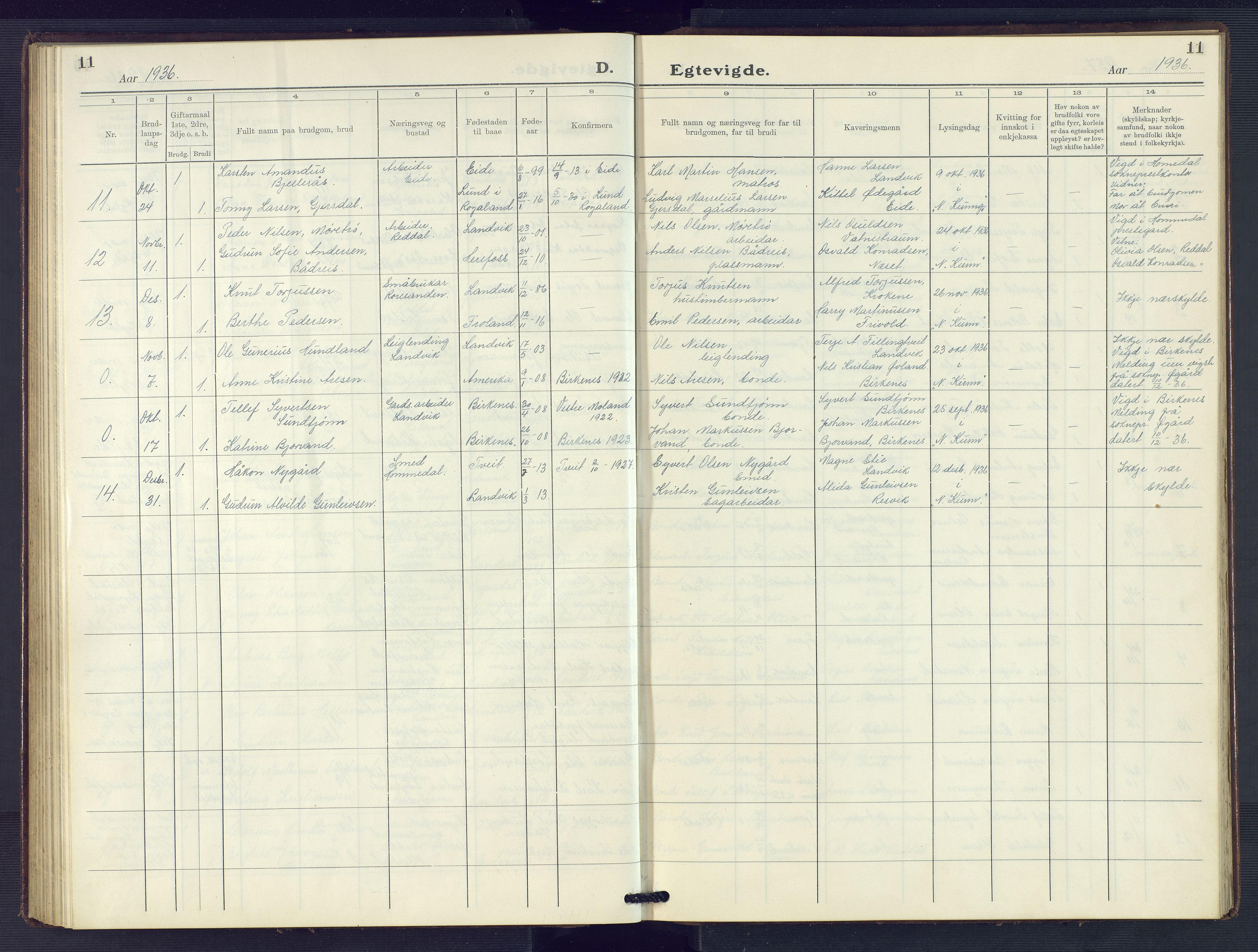 Hommedal sokneprestkontor, AV/SAK-1111-0023/F/Fb/Fbb/L0009: Klokkerbok nr. B 9, 1929-1953, s. 11
