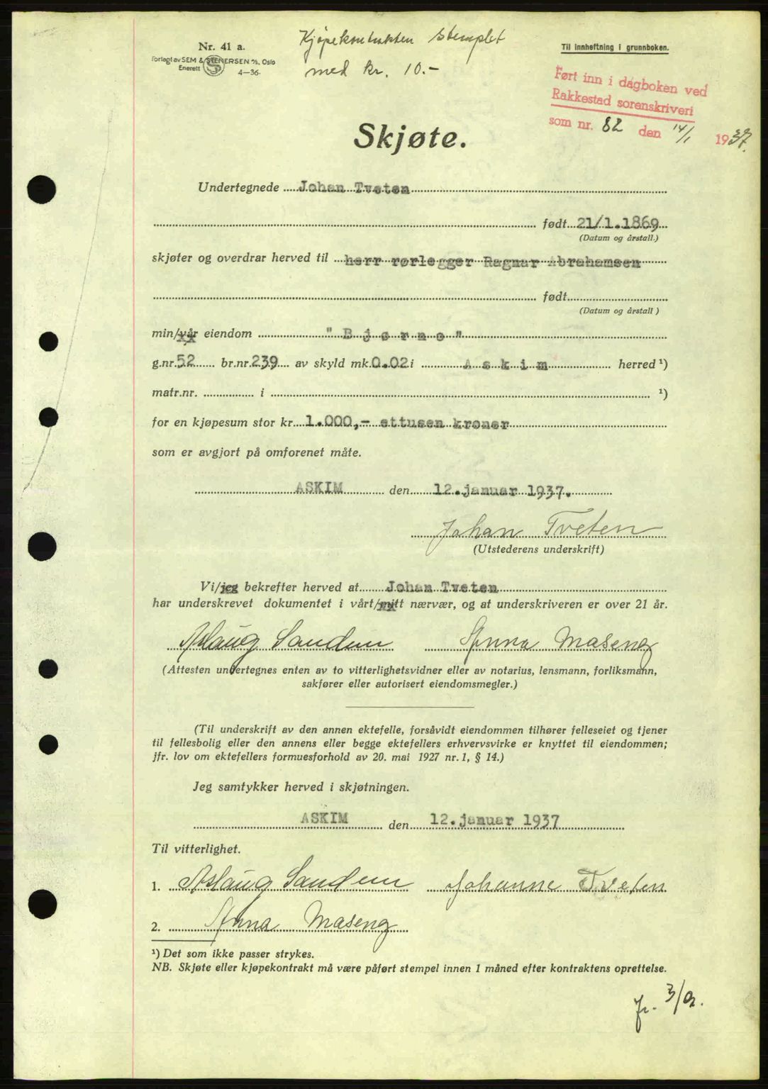 Rakkestad sorenskriveri, SAO/A-10686/G/Gb/Gba/Gbab/L0001: Pantebok nr. A1, 1936-1937, Dagboknr: 82/1937