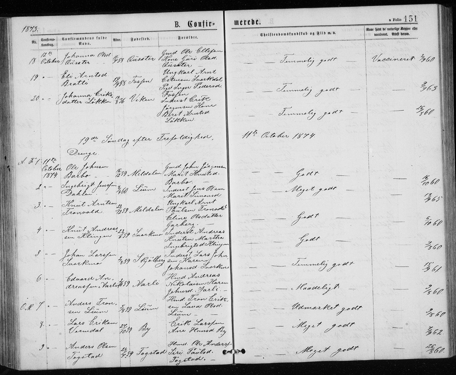 Ministerialprotokoller, klokkerbøker og fødselsregistre - Sør-Trøndelag, AV/SAT-A-1456/671/L0843: Klokkerbok nr. 671C02, 1873-1892, s. 151