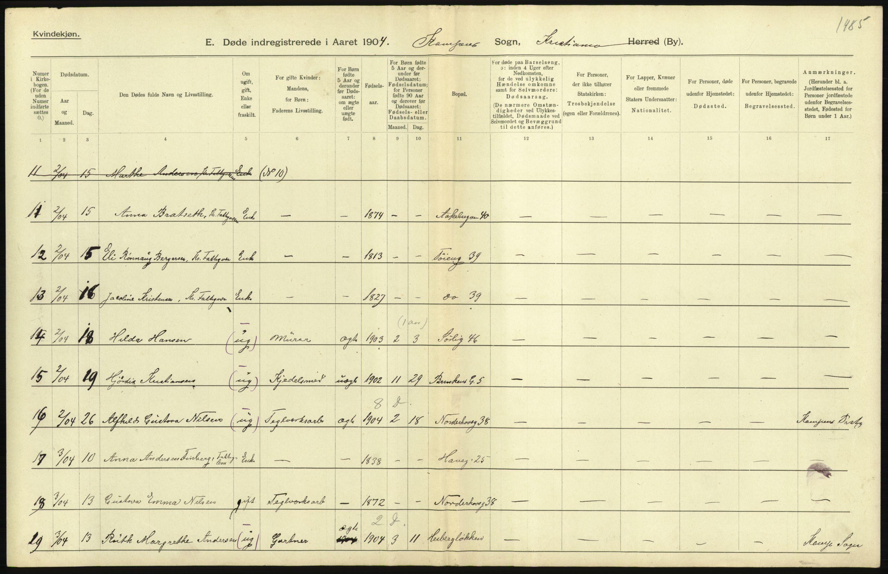 Statistisk sentralbyrå, Sosiodemografiske emner, Befolkning, AV/RA-S-2228/D/Df/Dfa/Dfab/L0004: Kristiania: Gifte, døde, 1904, s. 507