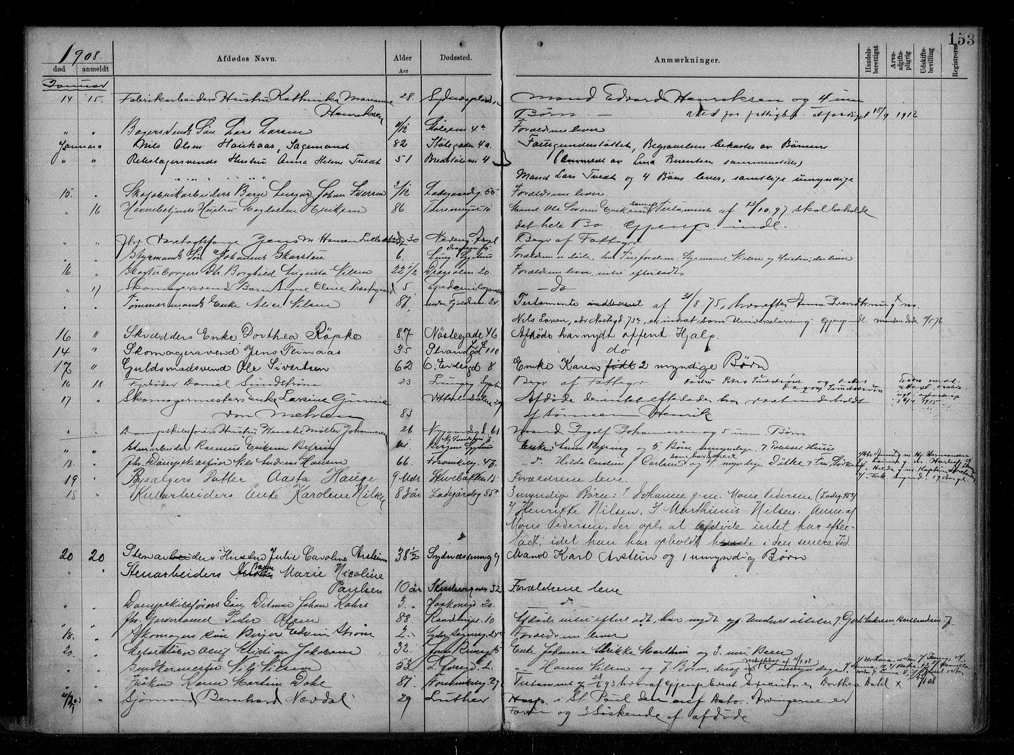 Byfogd og Byskriver i Bergen, AV/SAB-A-3401/06/06Na/L0008: Dødsfallsjournaler, 1904-1910, s. 152b-153a
