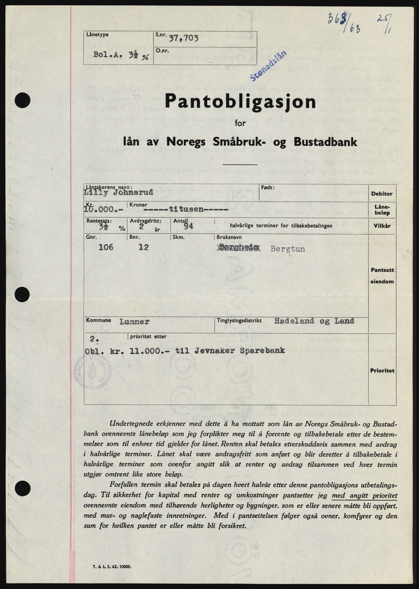 Hadeland og Land tingrett, SAH/TING-010/H/Hb/Hbc/L0050: Pantebok nr. B50, 1962-1963, Dagboknr: 363/1963