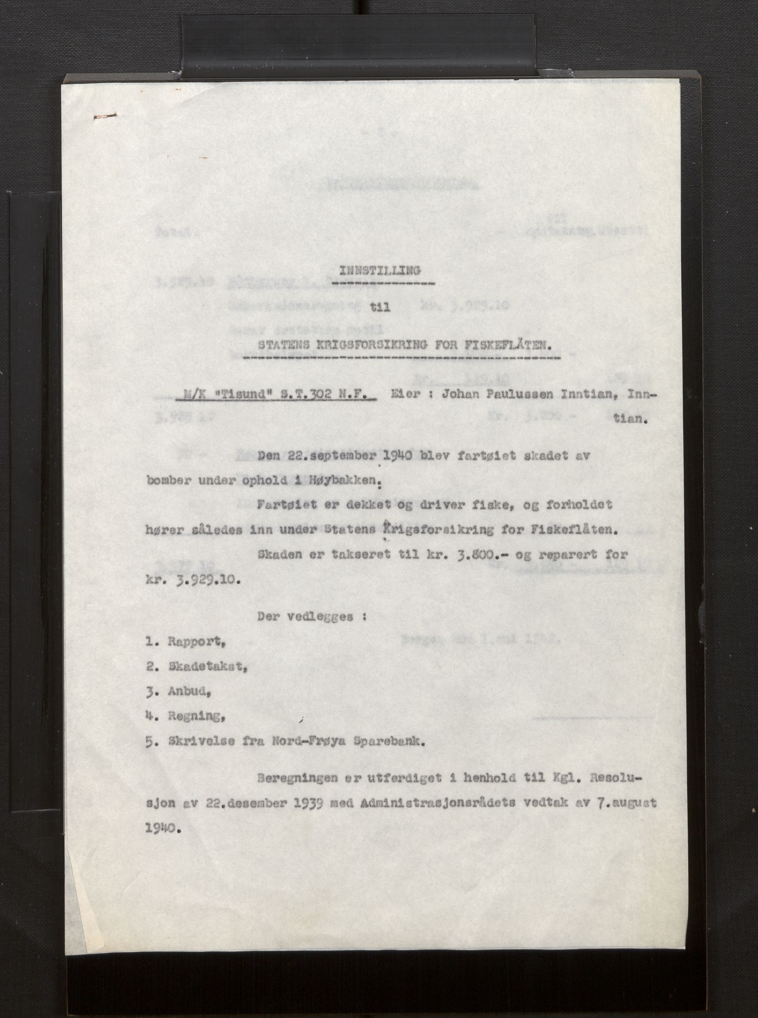 Fiskeridirektoratet - 1 Adm. ledelse - 13 Båtkontoret, AV/SAB-A-2003/La/L0008: Statens krigsforsikring for fiskeflåten, 1936-1971, s. 400