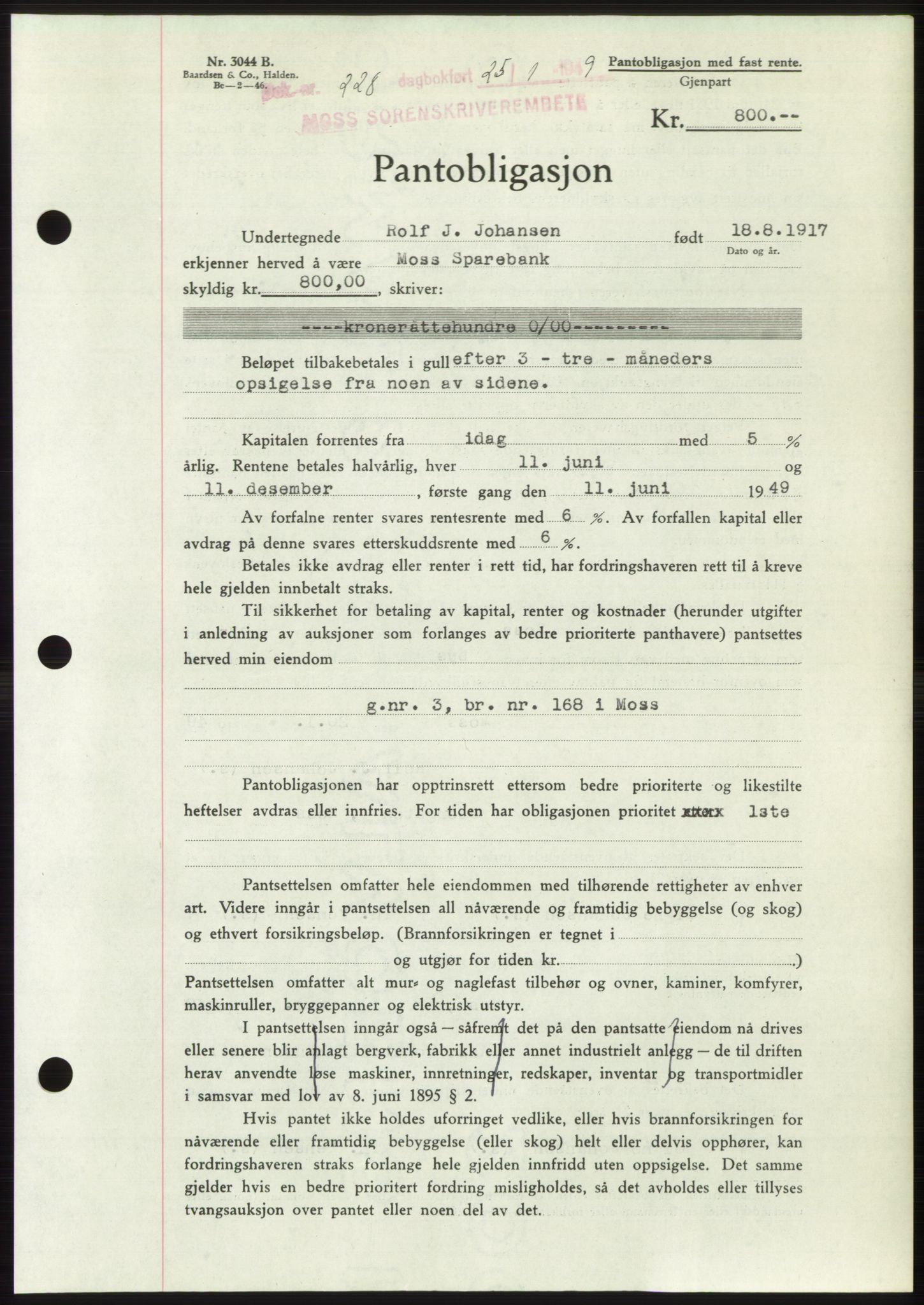 Moss sorenskriveri, SAO/A-10168: Pantebok nr. B21, 1949-1949, Dagboknr: 228/1949