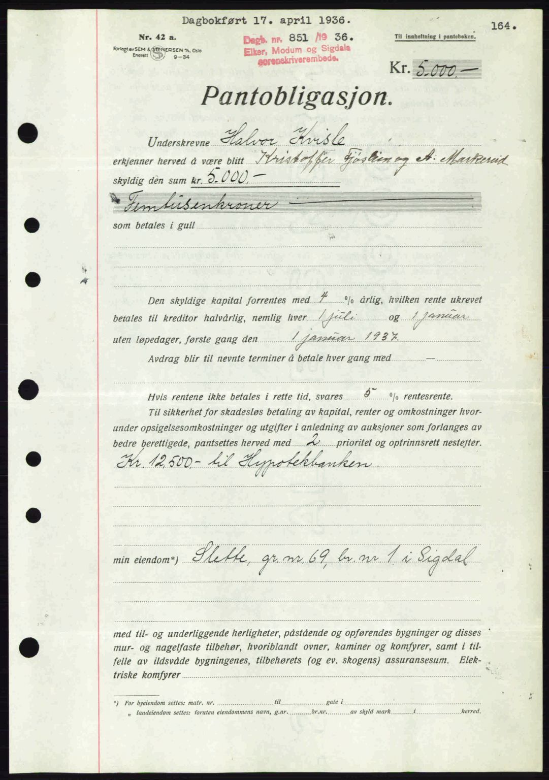 Eiker, Modum og Sigdal sorenskriveri, SAKO/A-123/G/Ga/Gab/L0032: Pantebok nr. A2, 1936-1936, Dagboknr: 851/1936