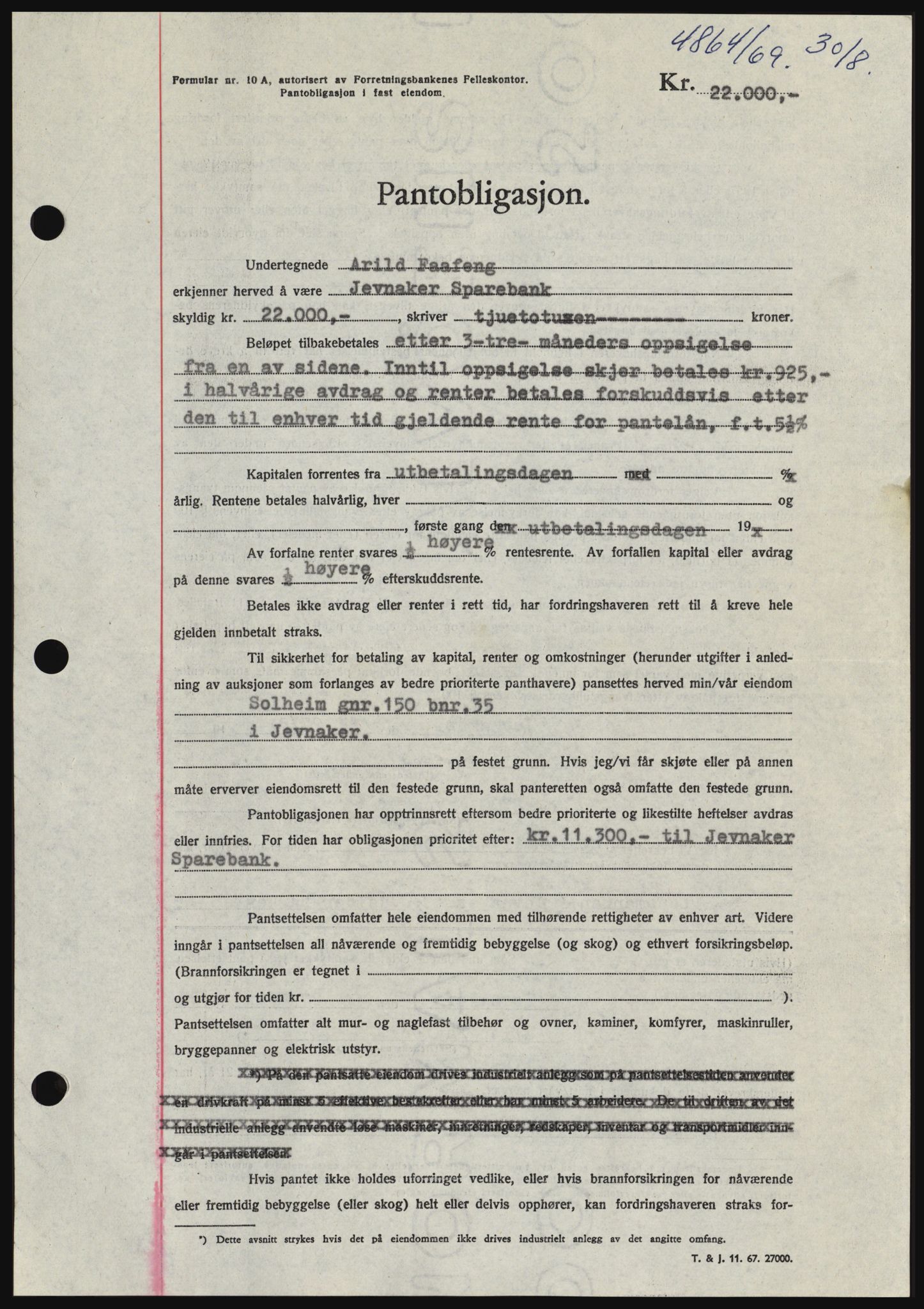 Hadeland og Land tingrett, SAH/TING-010/H/Hb/Hbc/L0074: Pantebok nr. B74, 1969-1969, Dagboknr: 4864/1969