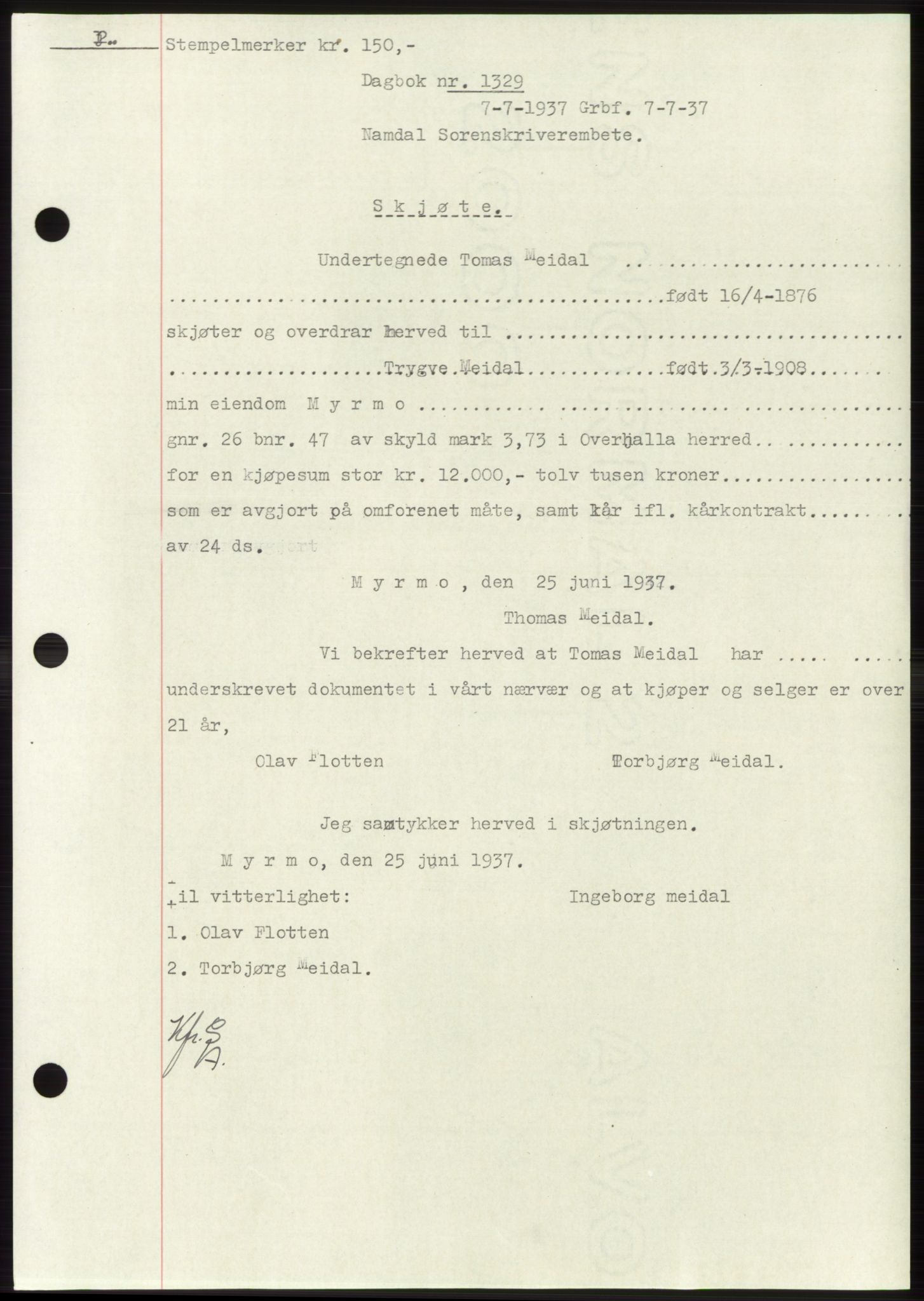 Namdal sorenskriveri, SAT/A-4133/1/2/2C: Pantebok nr. -, 1937-1939, Tingl.dato: 07.07.1937
