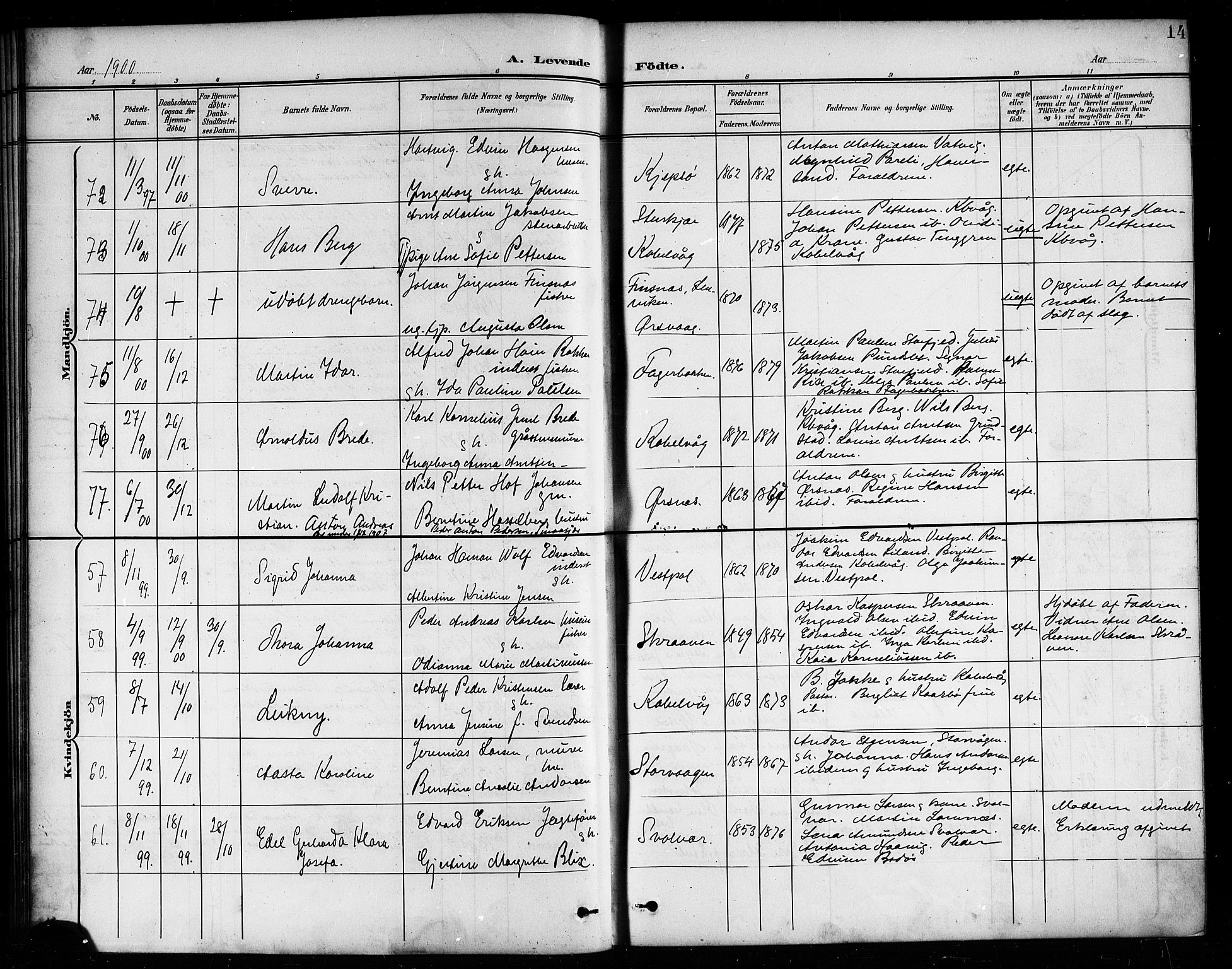 Ministerialprotokoller, klokkerbøker og fødselsregistre - Nordland, AV/SAT-A-1459/874/L1078: Klokkerbok nr. 874C07, 1900-1907, s. 14