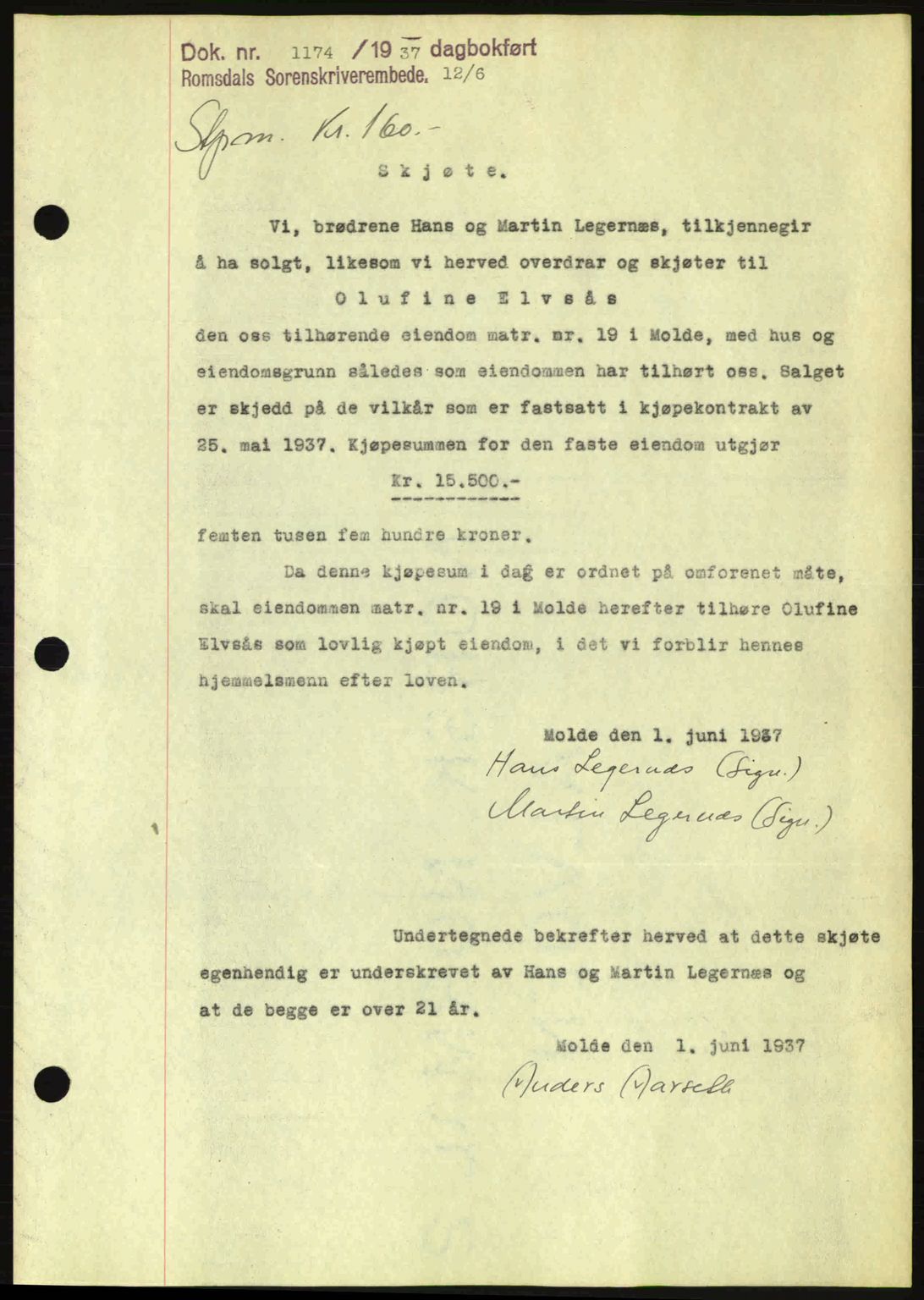 Romsdal sorenskriveri, SAT/A-4149/1/2/2C: Pantebok nr. A3, 1937-1937, Dagboknr: 1174/1937