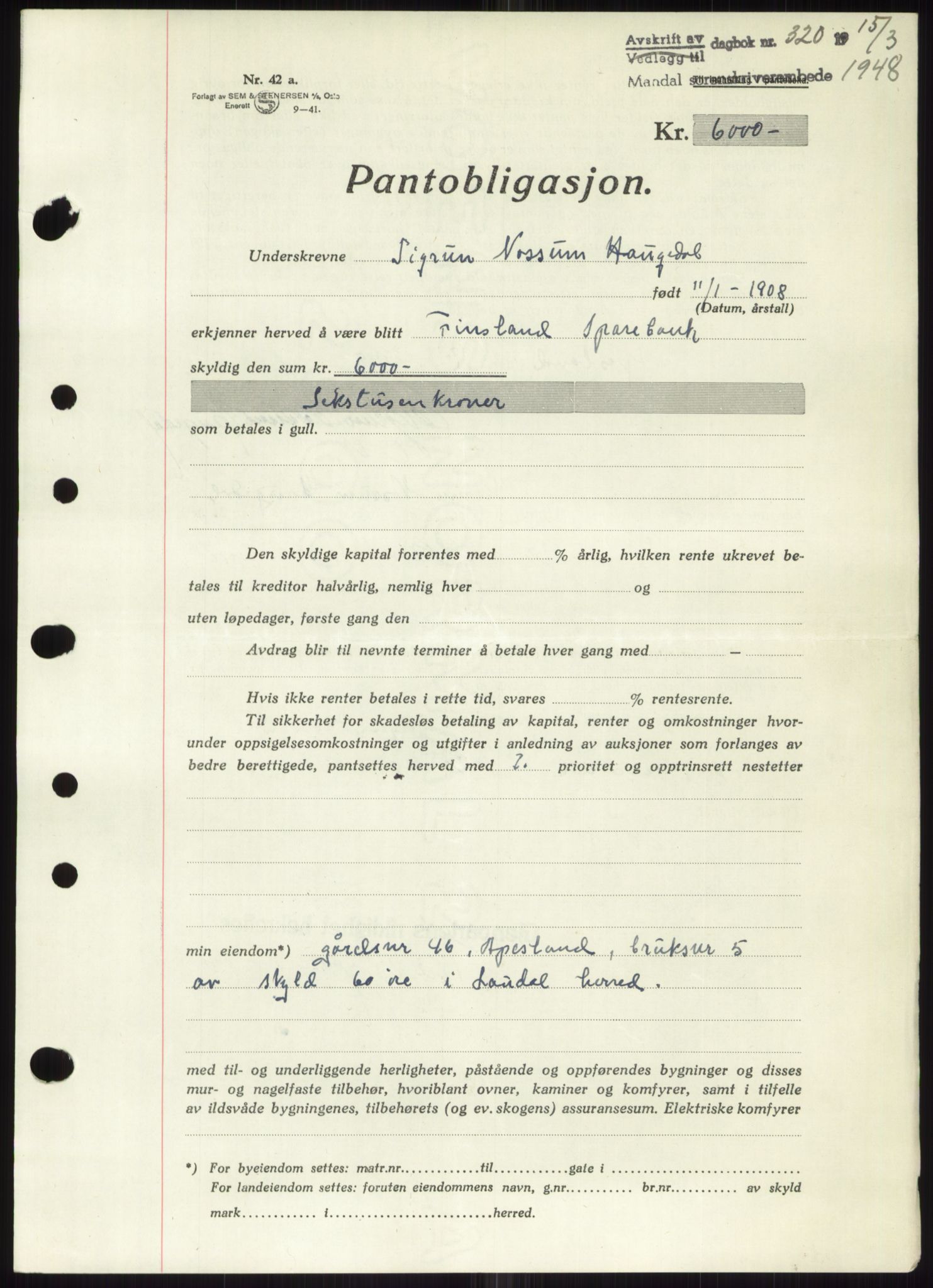Mandal sorenskriveri, SAK/1221-0005/001/G/Gb/Gbb/L0002: Pantebok nr. B-2 - B-3, 1946-1950, Dagboknr: 320/1948