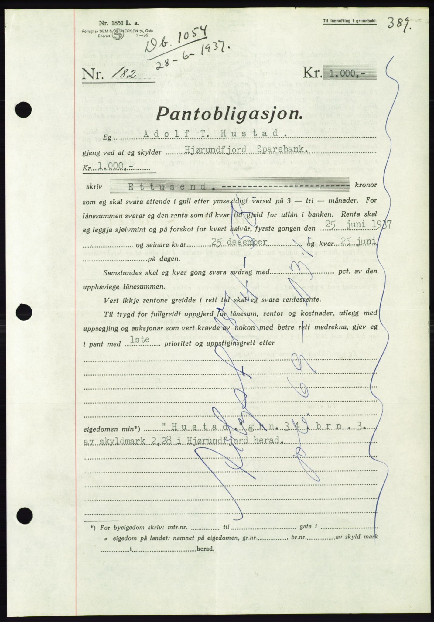 Søre Sunnmøre sorenskriveri, AV/SAT-A-4122/1/2/2C/L0063: Pantebok nr. 57, 1937-1937, Dagboknr: 1054/1937