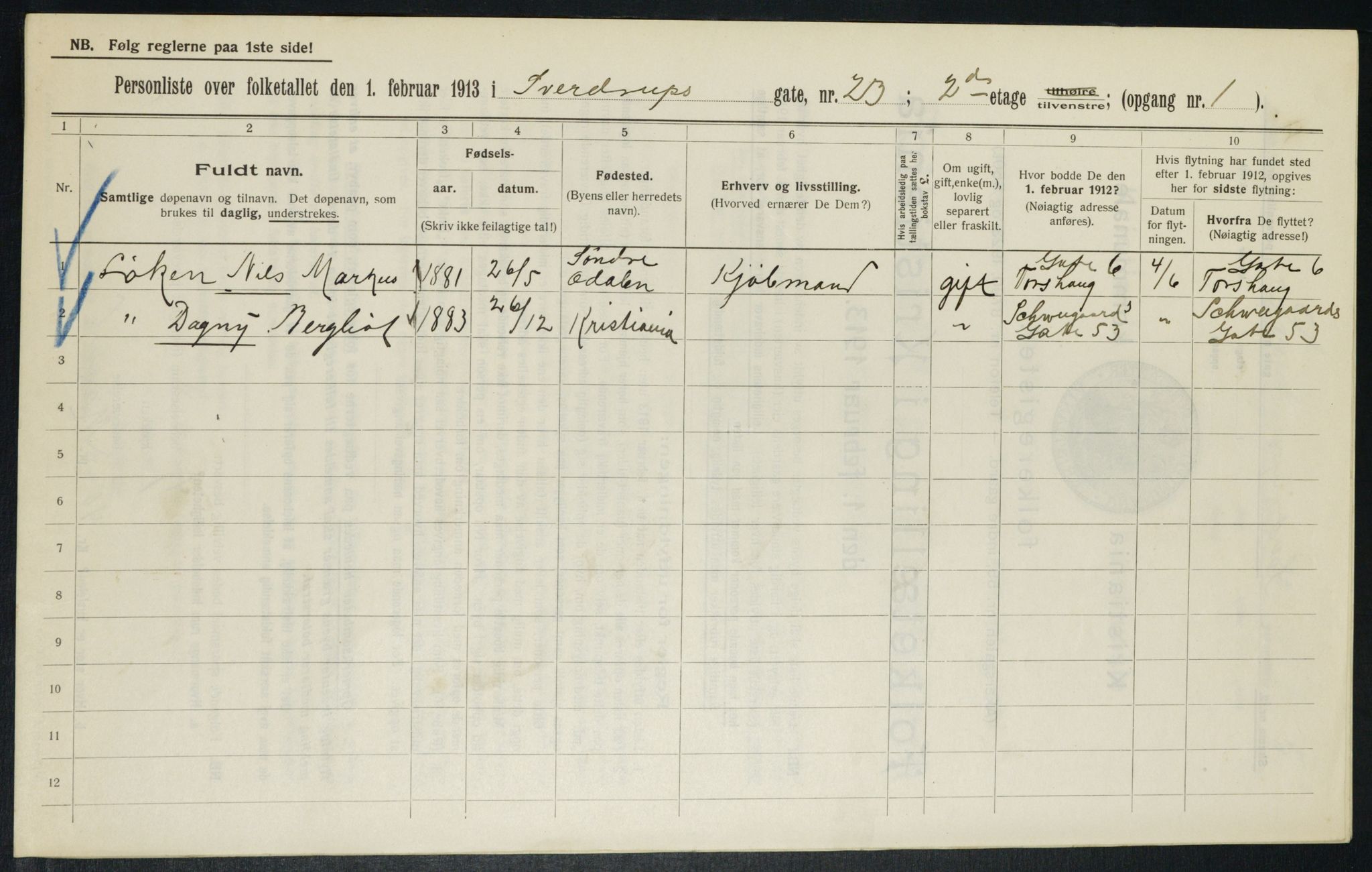 OBA, Kommunal folketelling 1.2.1913 for Kristiania, 1913, s. 105799
