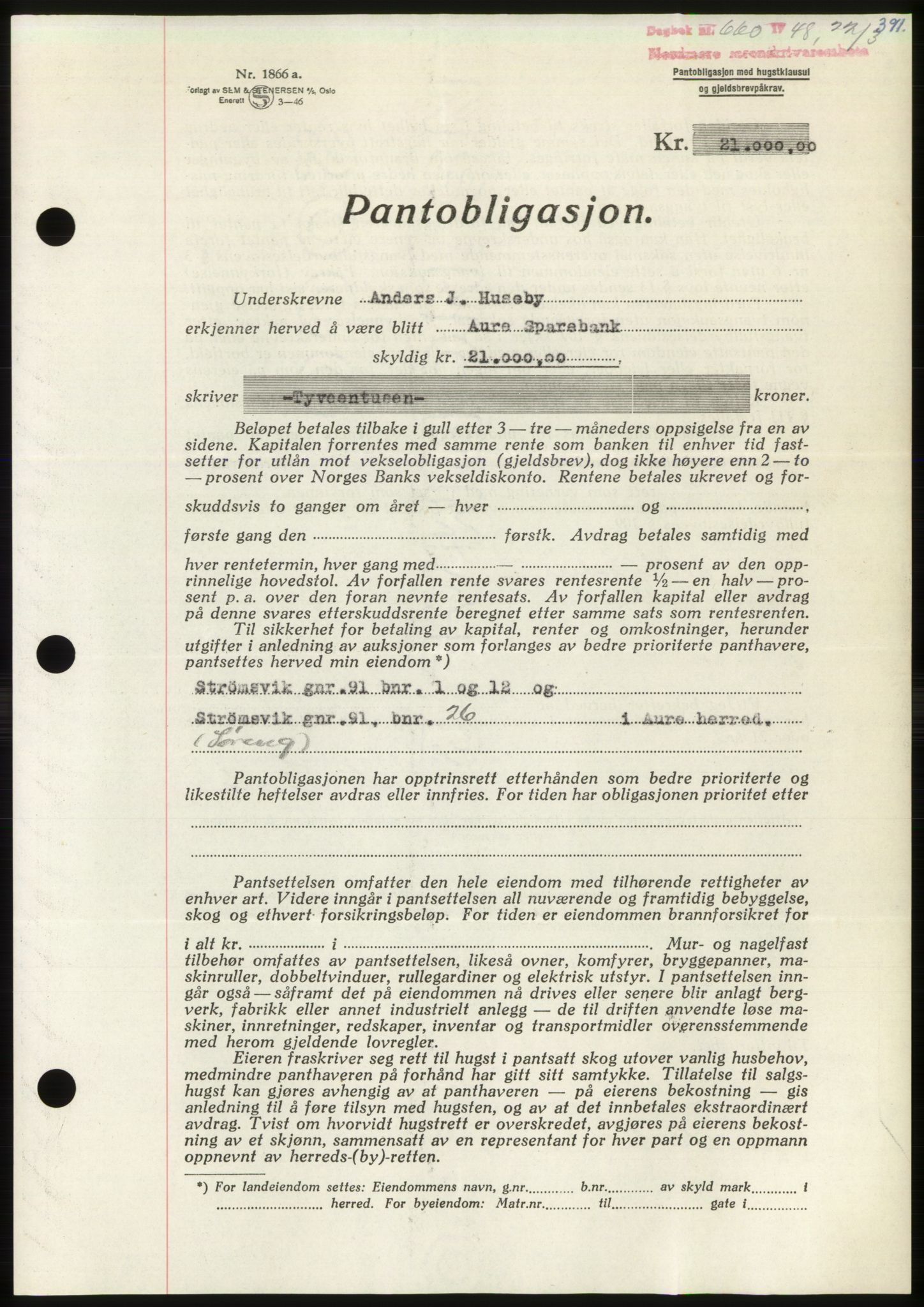 Nordmøre sorenskriveri, SAT/A-4132/1/2/2Ca: Pantebok nr. B98, 1948-1948, Dagboknr: 660/1948