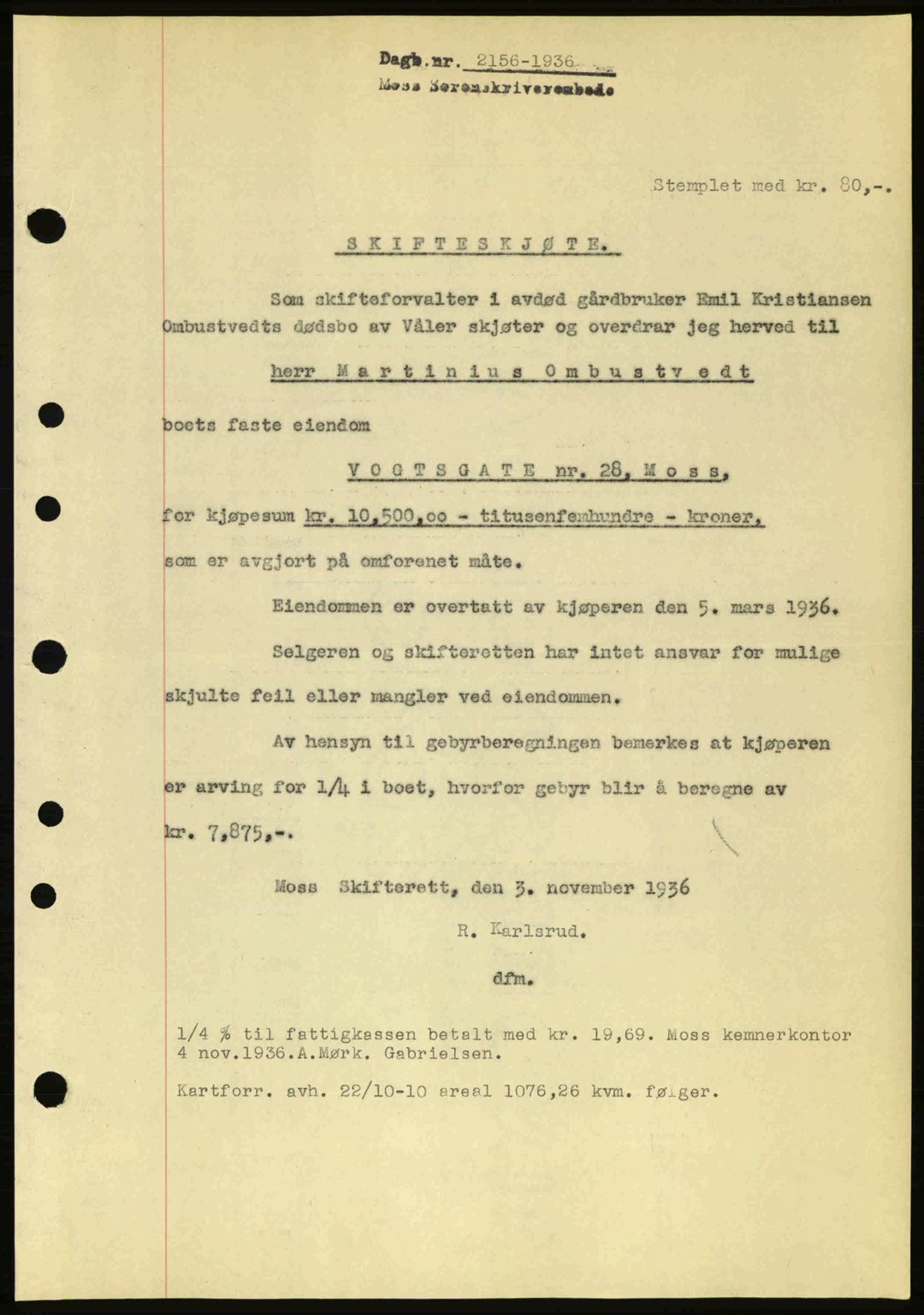 Moss sorenskriveri, SAO/A-10168: Pantebok nr. A2, 1936-1937, Dagboknr: 2156/1936
