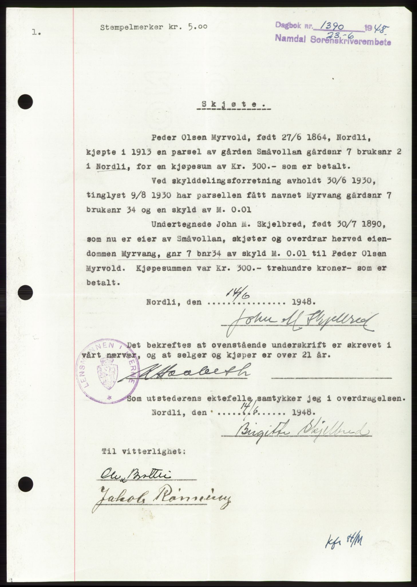 Namdal sorenskriveri, SAT/A-4133/1/2/2C: Pantebok nr. -, 1948-1948, Dagboknr: 1390/1948
