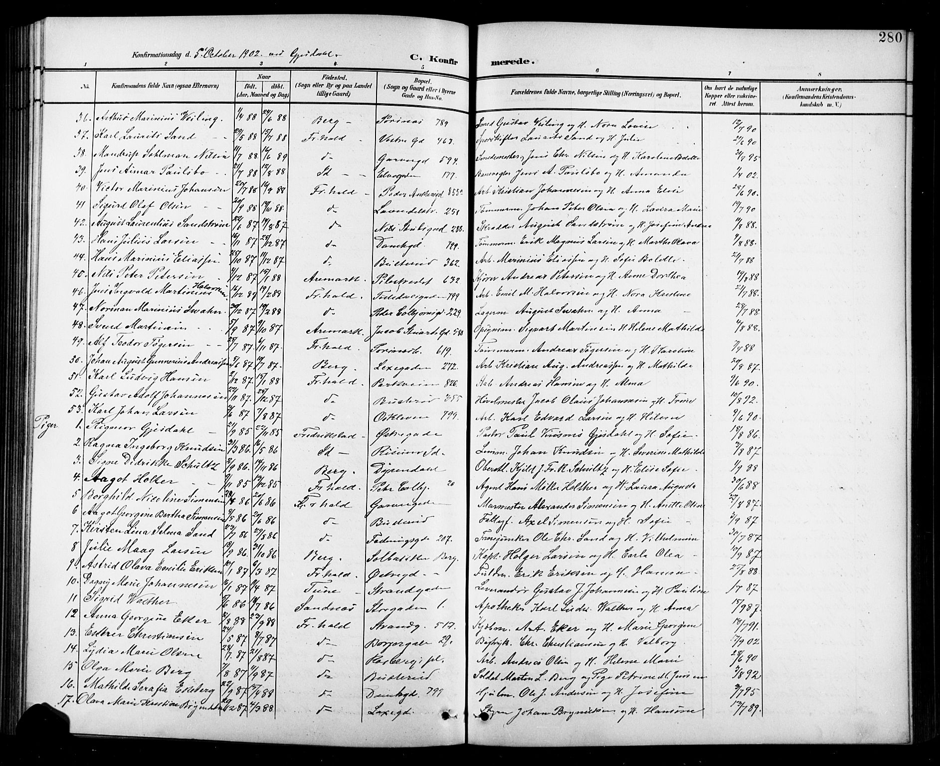 Halden prestekontor Kirkebøker, AV/SAO-A-10909/G/Ga/L0010: Klokkerbok nr. 10, 1900-1923, s. 280