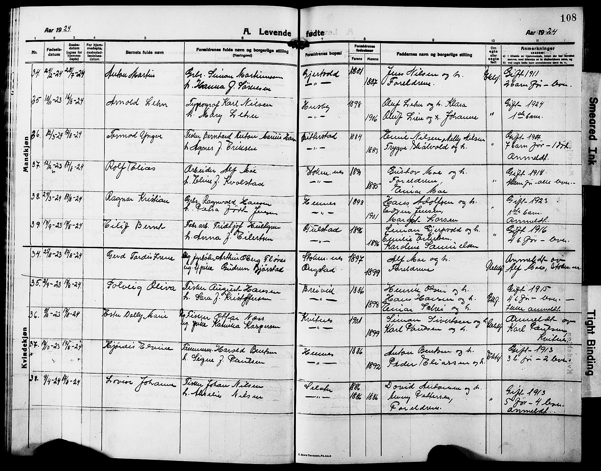 Ministerialprotokoller, klokkerbøker og fødselsregistre - Nordland, AV/SAT-A-1459/888/L1269: Klokkerbok nr. 888C07, 1913-1927, s. 108