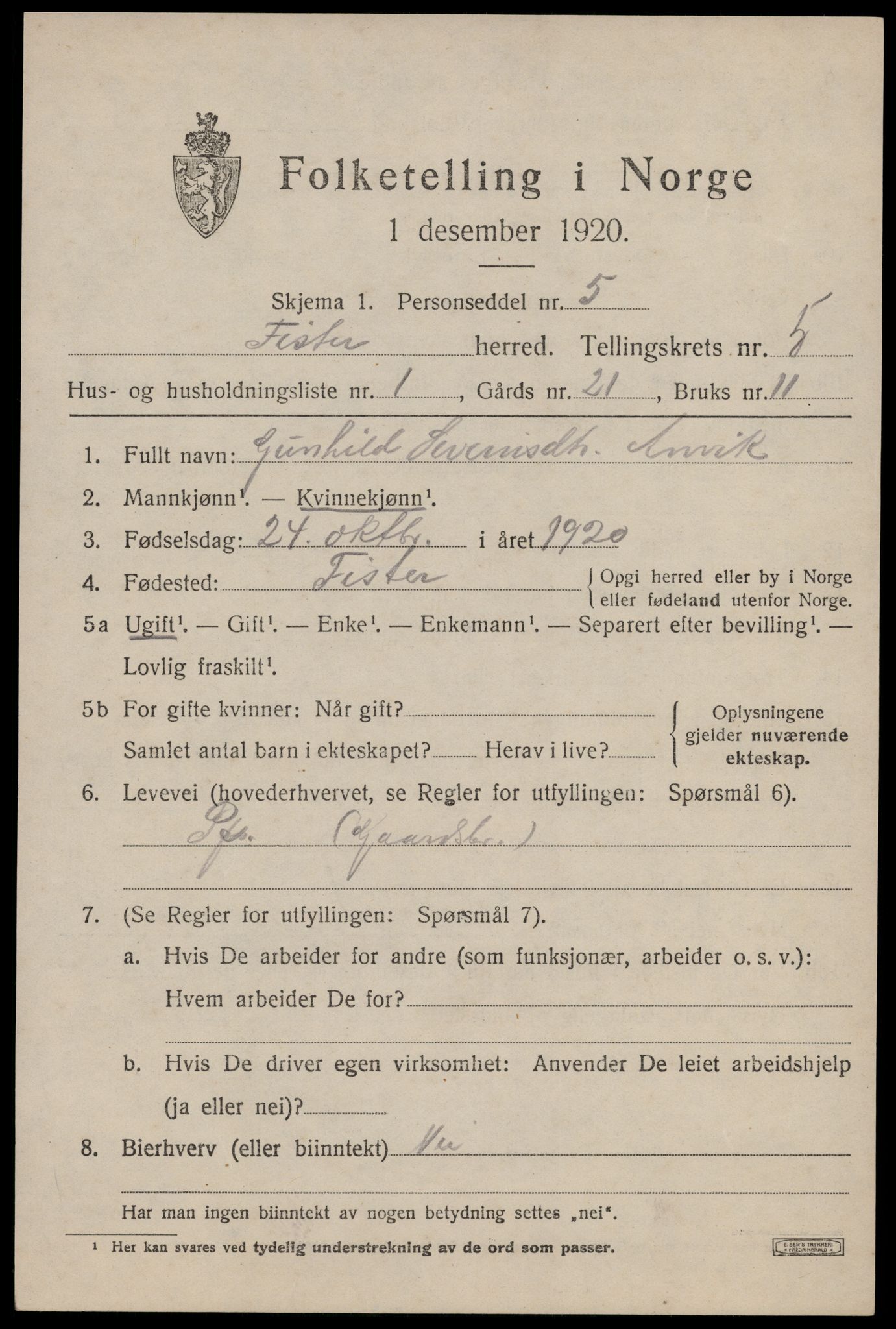 SAST, Folketelling 1920 for 1132 Fister herred, 1920, s. 1281