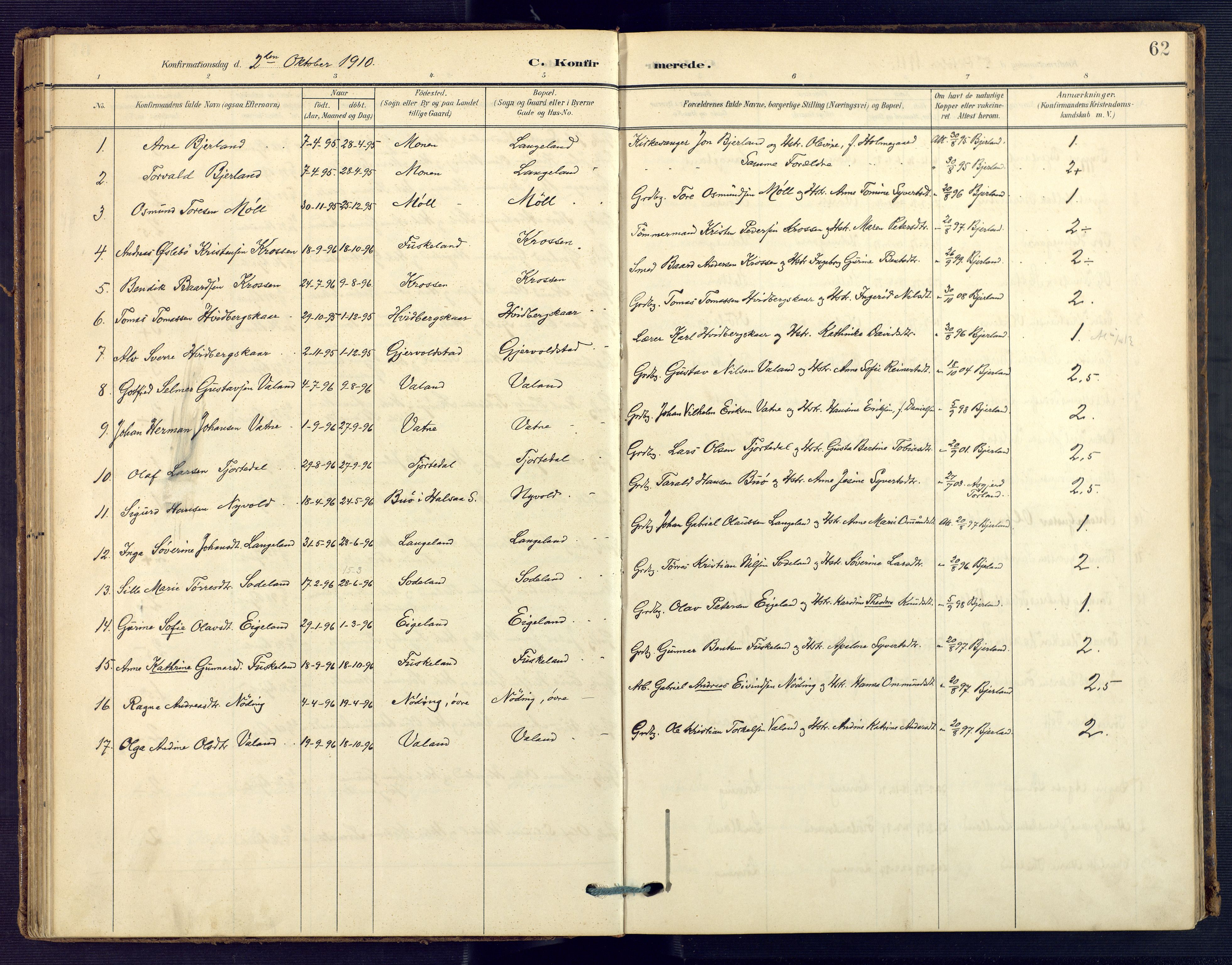 Holum sokneprestkontor, AV/SAK-1111-0022/F/Fa/Faa/L0008: Ministerialbok nr. A 8, 1908-1929, s. 62