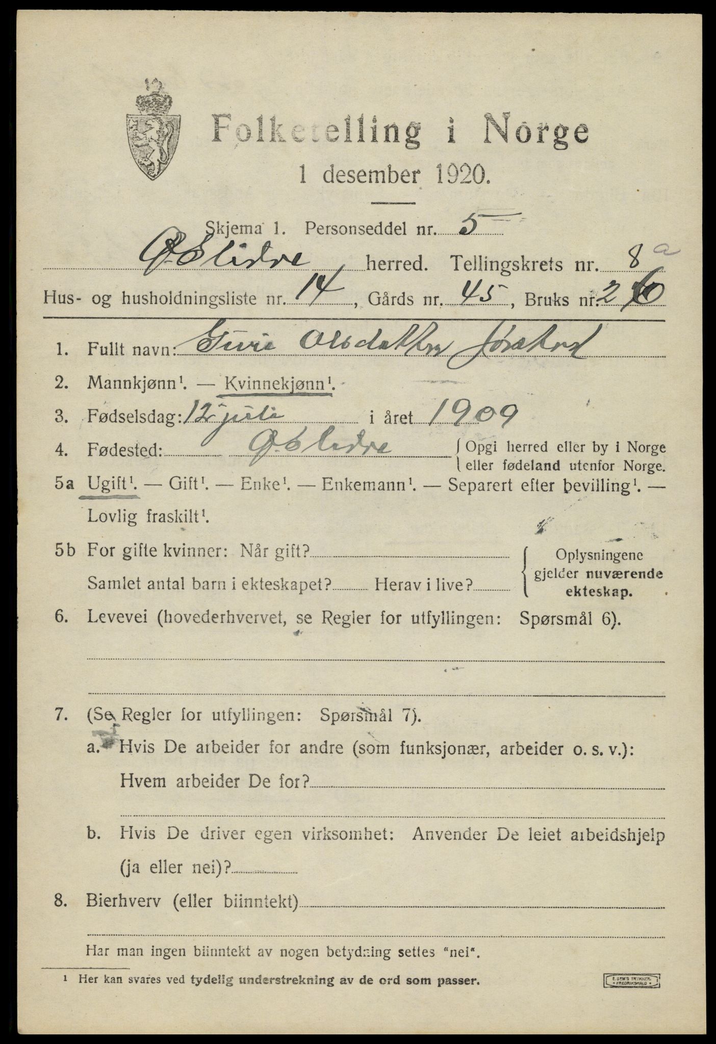 SAH, Folketelling 1920 for 0544 Øystre Slidre herred, 1920, s. 4913