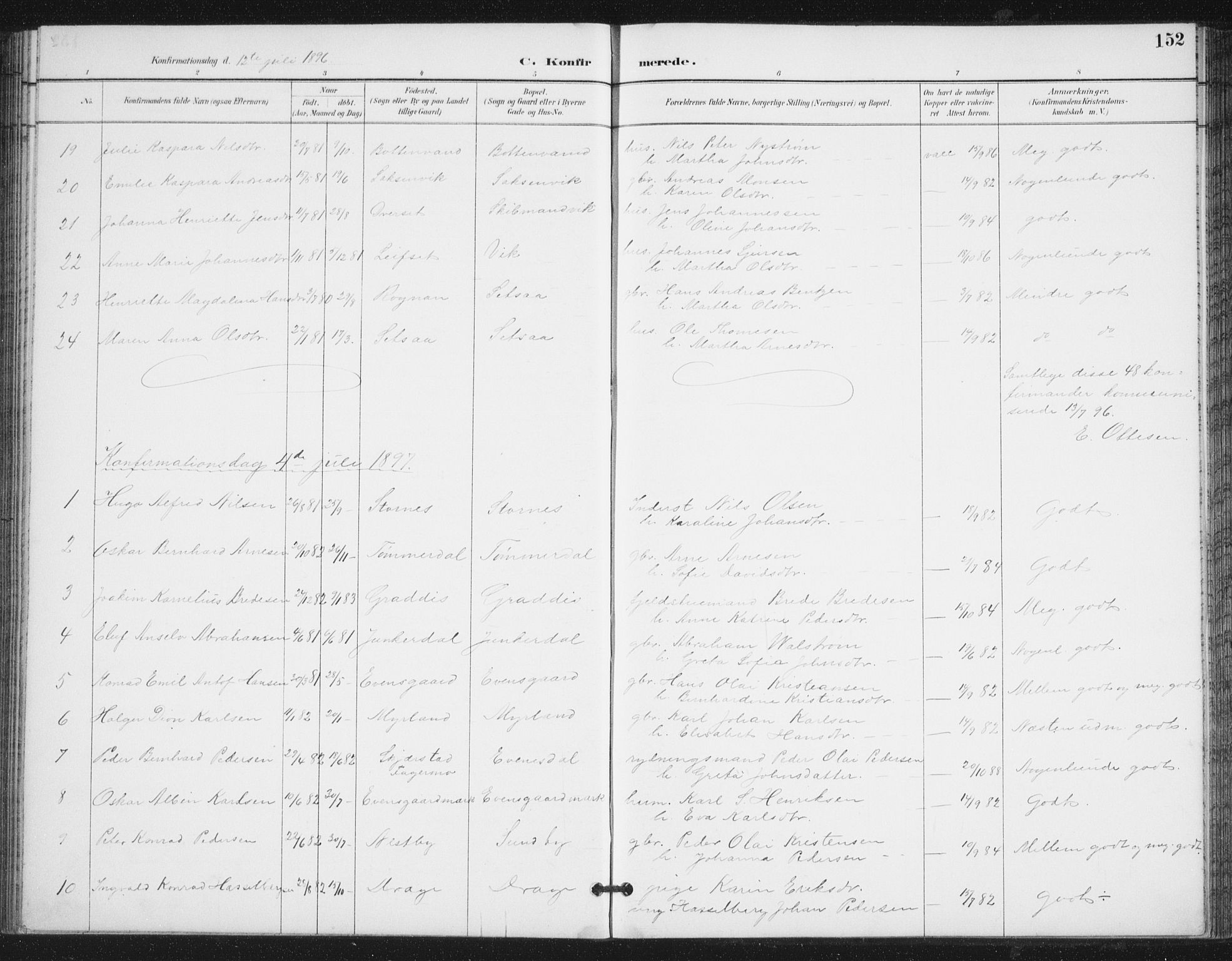 Ministerialprotokoller, klokkerbøker og fødselsregistre - Nordland, AV/SAT-A-1459/847/L0682: Klokkerbok nr. 847C10, 1889-1907, s. 152