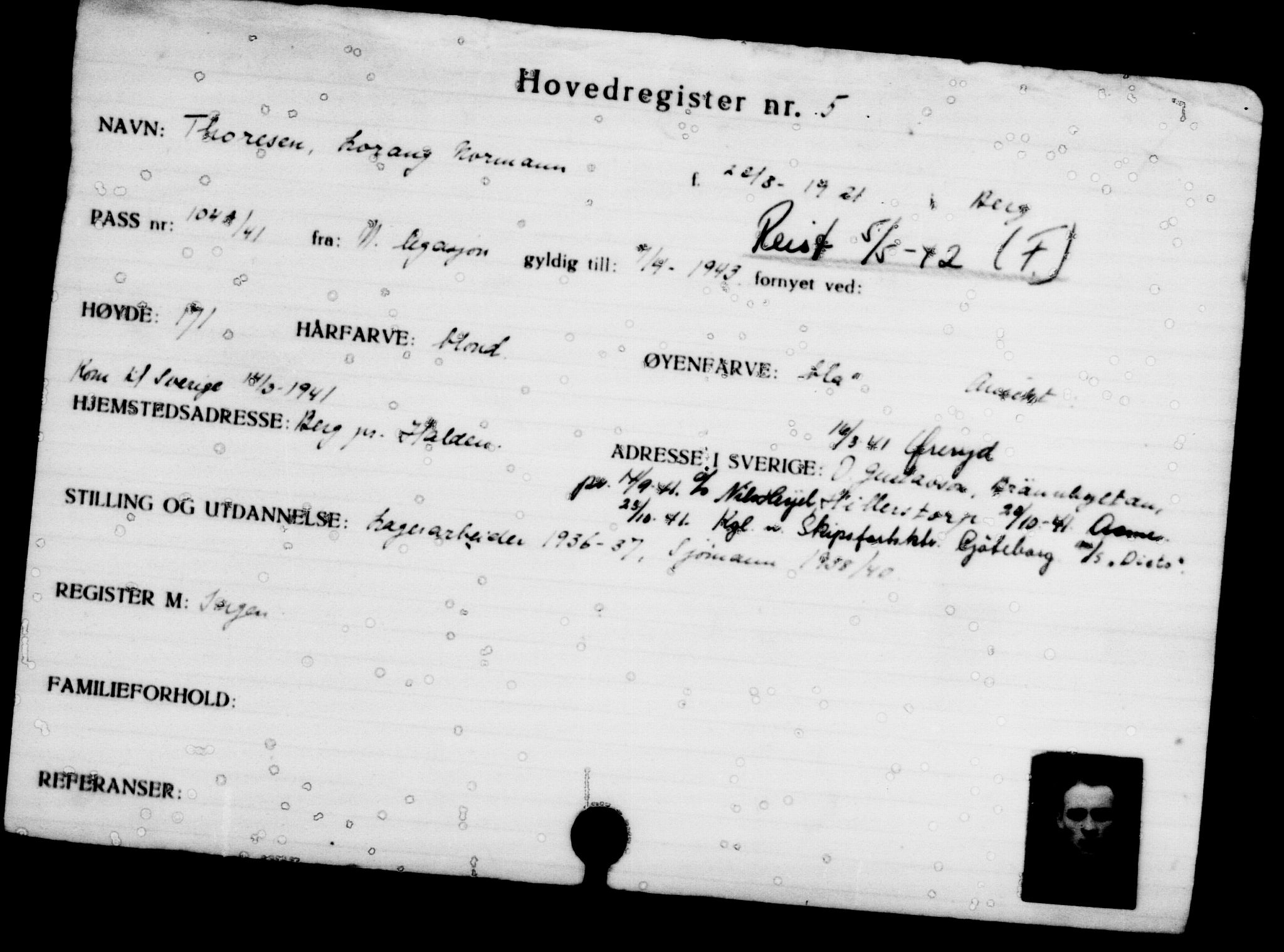 Utenriksstasjonene, Legasjonen i Stockholm, Flyktningkontoret, AV/RA-S-6753/V/Va/L0001: Kjesäterkartoteket, flyktninger med registreringsnr. 1-1000, 1940-1945, s. 7