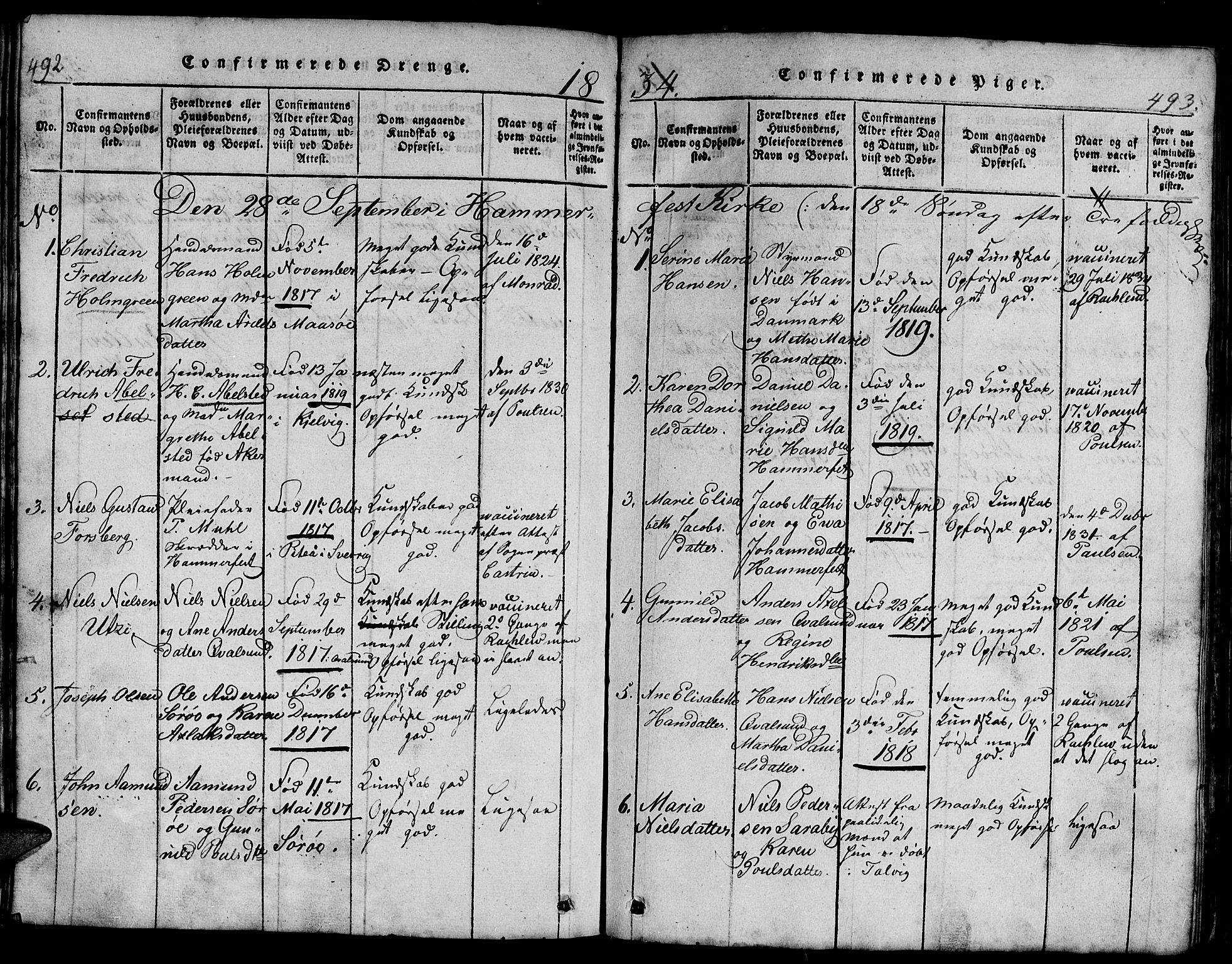 Hammerfest sokneprestkontor, AV/SATØ-S-1347/H/Hb/L0001.klokk: Klokkerbok nr. 1, 1822-1850, s. 492-493