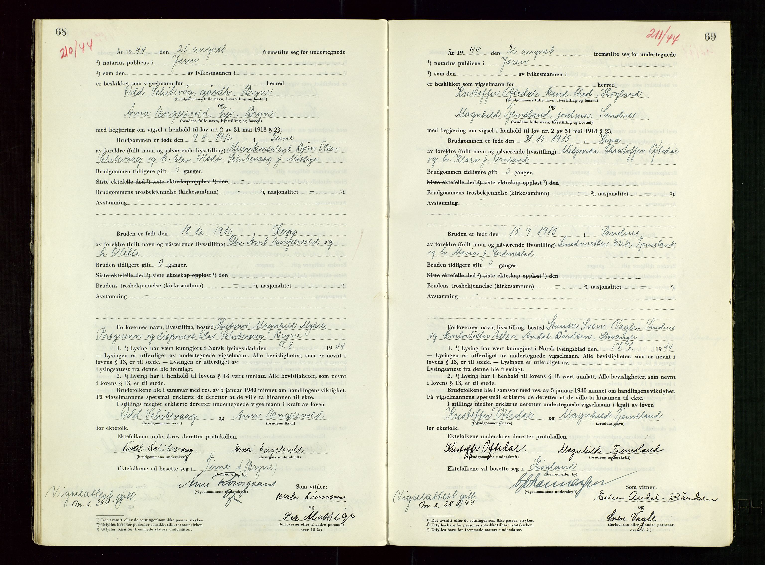 Jæren sorenskriveri, AV/SAST-A-100310/01/6/62/62BA/L0007: VIGSELSPROTOKOLL, 1944, s. 68-69