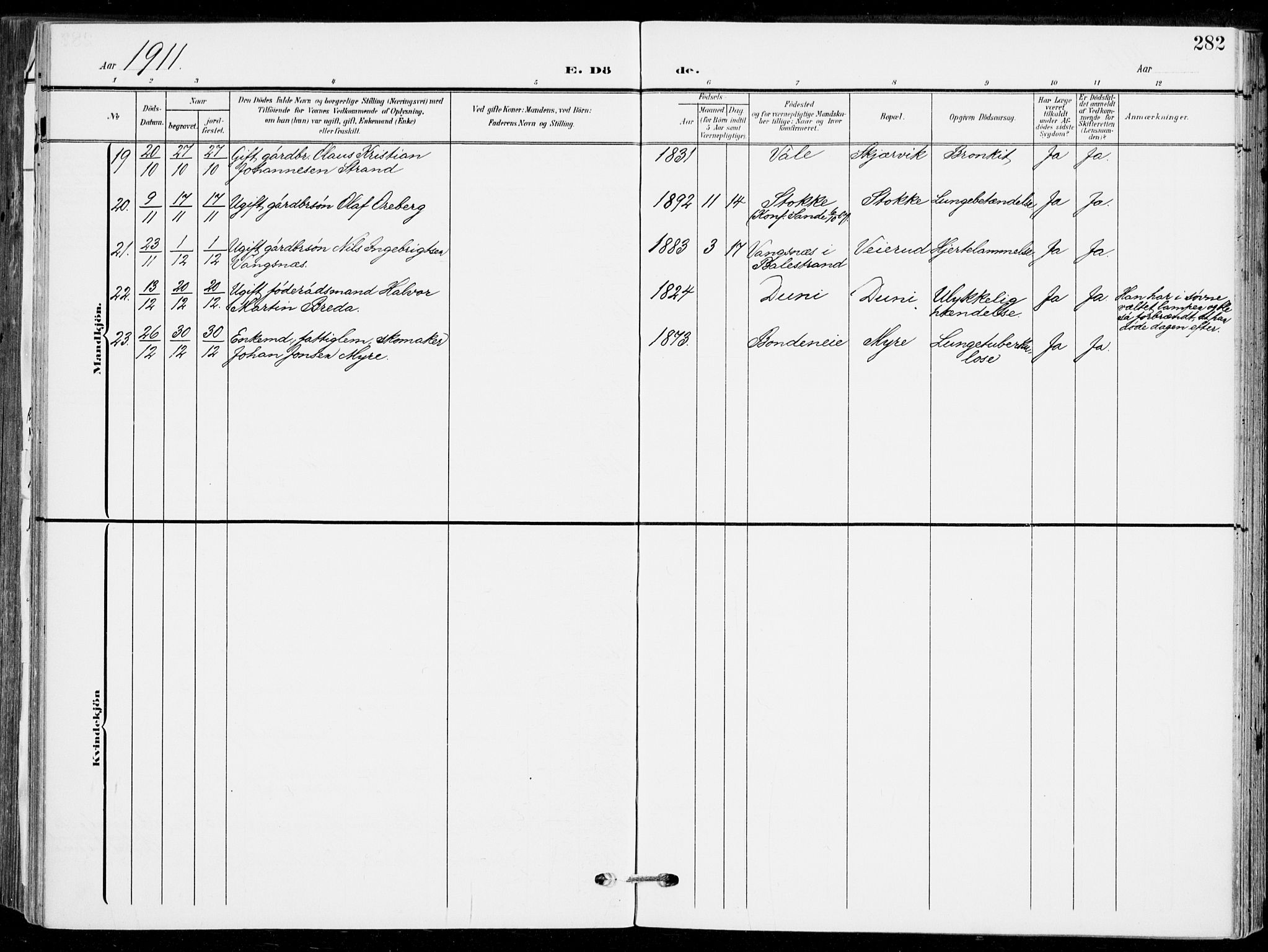 Sande Kirkebøker, AV/SAKO-A-53/F/Fa/L0008: Ministerialbok nr. 8, 1904-1921, s. 282