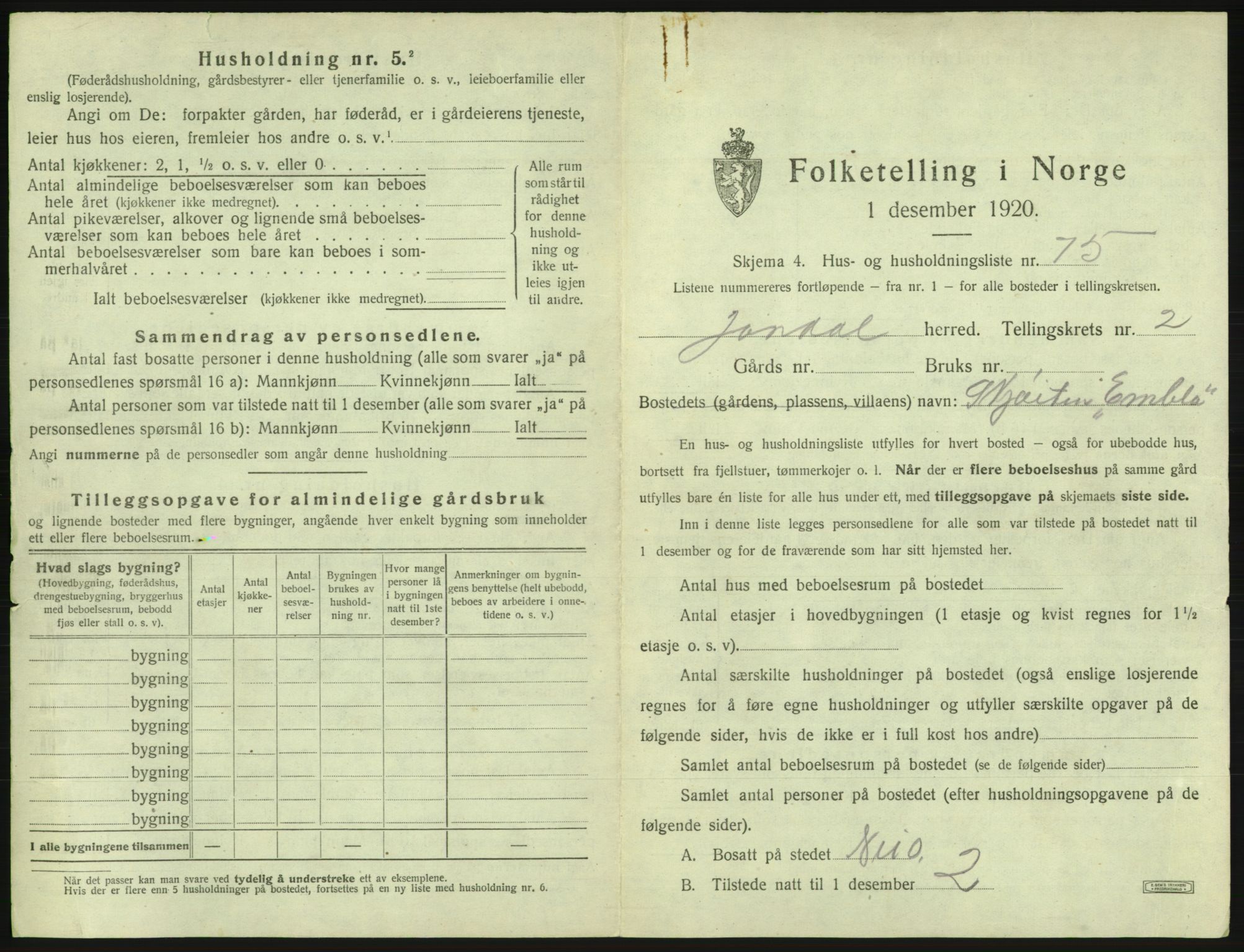 SAB, Folketelling 1920 for 1227 Jondal herred, 1920, s. 208