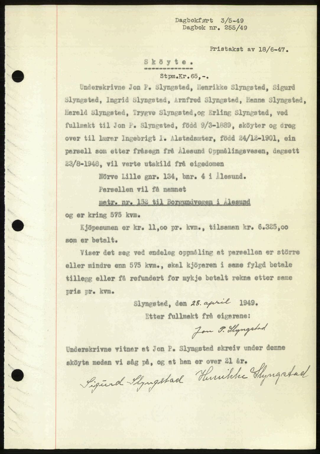 Ålesund byfogd, AV/SAT-A-4384: Pantebok nr. 37A (1), 1947-1949, Dagboknr: 255/1949