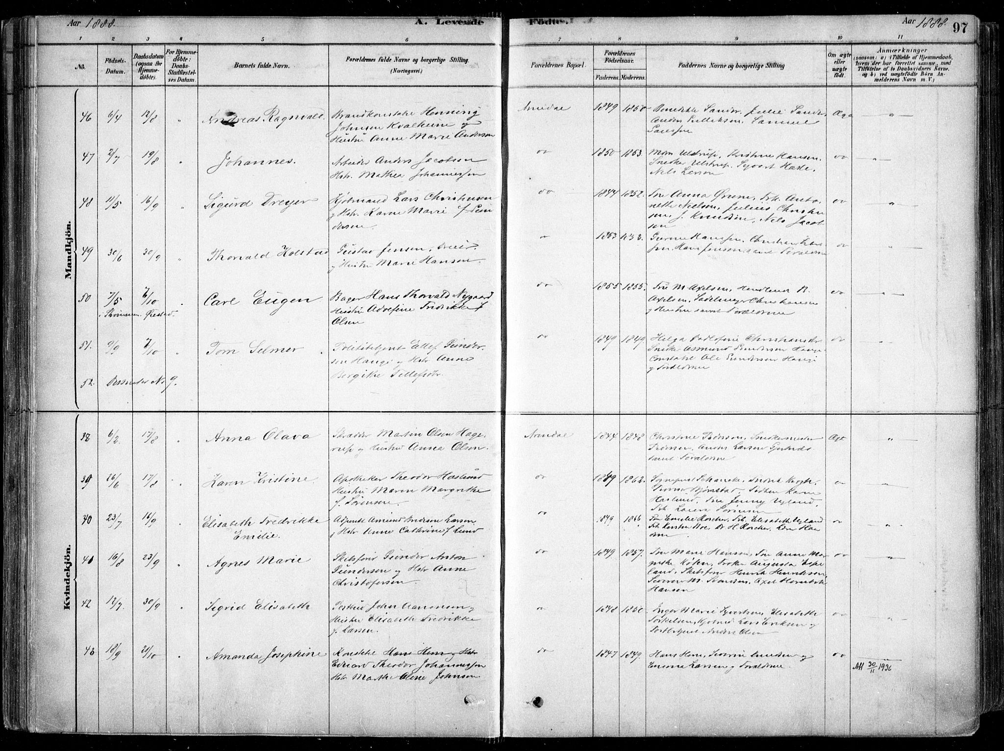 Arendal sokneprestkontor, Trefoldighet, AV/SAK-1111-0040/F/Fa/L0008: Ministerialbok nr. A 8, 1878-1899, s. 97