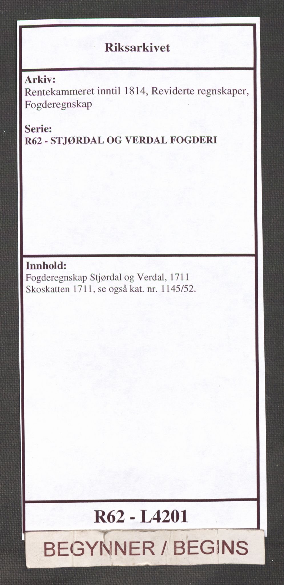 Rentekammeret inntil 1814, Reviderte regnskaper, Fogderegnskap, RA/EA-4092/R62/L4201: Fogderegnskap Stjørdal og Verdal, 1711, s. 1