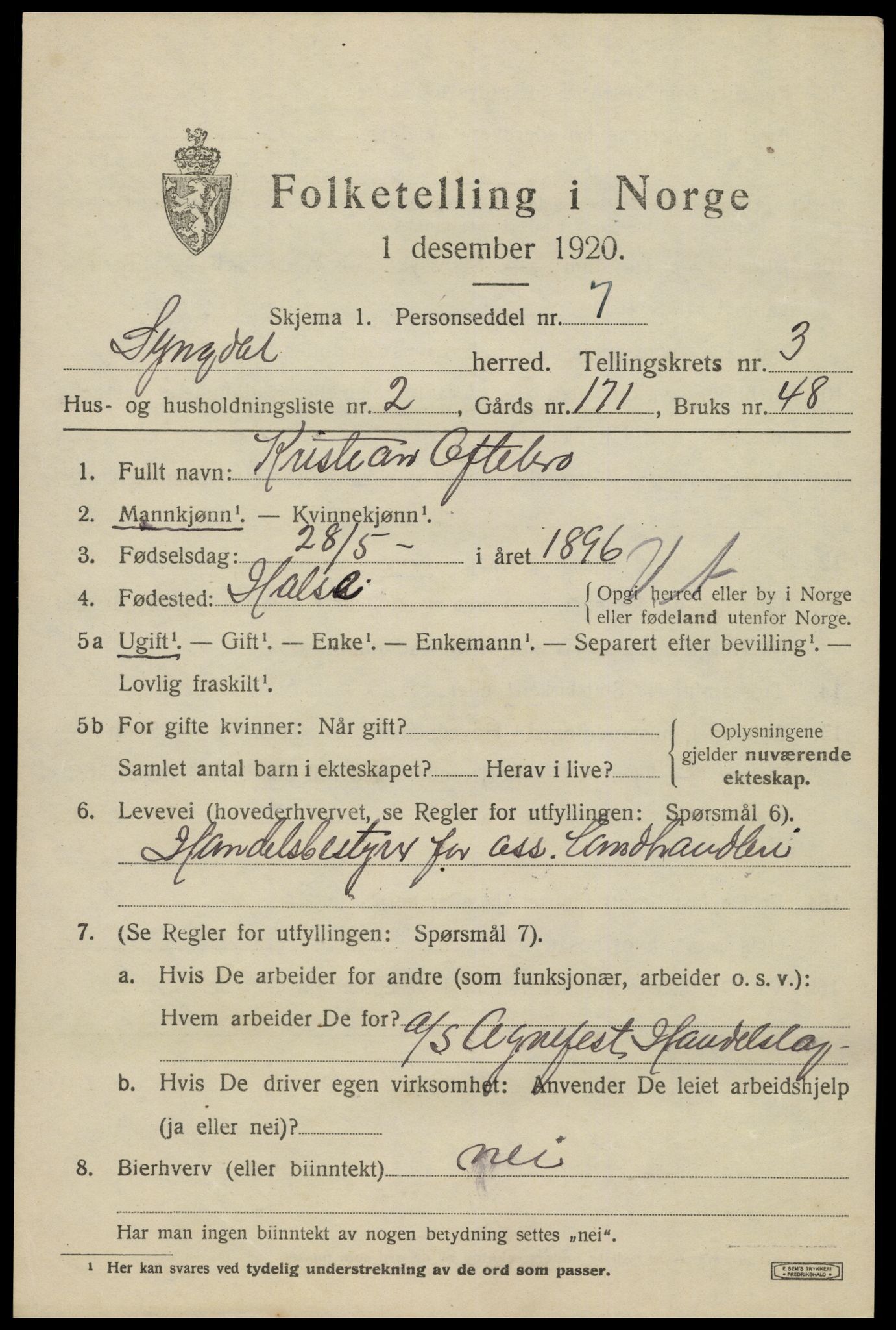 SAK, Folketelling 1920 for 1032 Lyngdal herred, 1920, s. 1931